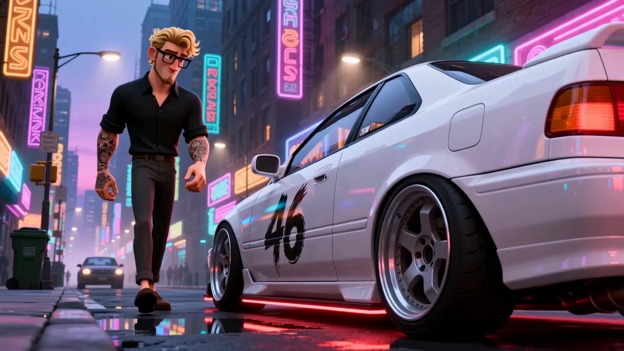 A tattooed man walks past a white race car on a neon-lit city street.