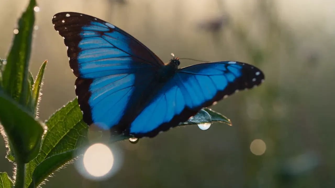A blue morpho butterfly rests on a dewy leaf in morning light.