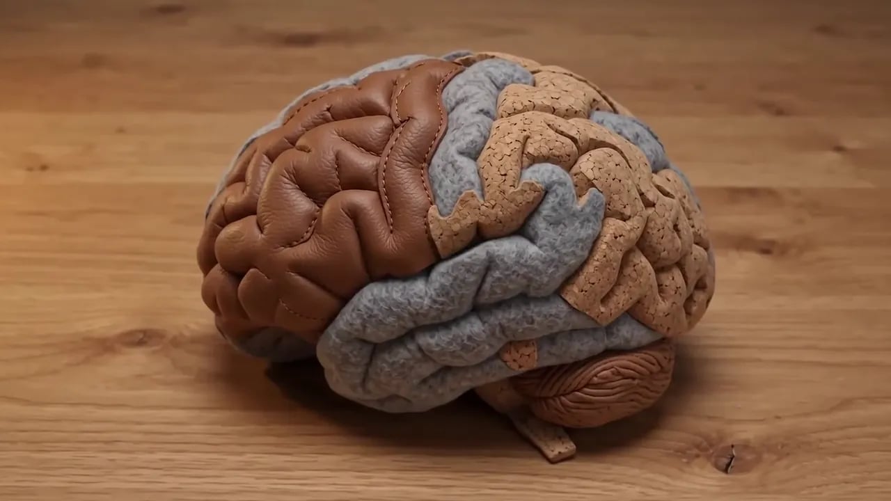 A brain made of leather, felt and cork sits on a wooden table while a small drawer slides out of it.