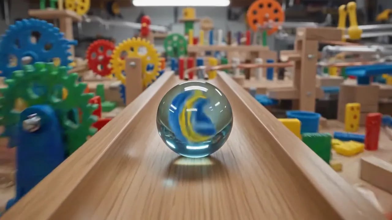 A glass marble rolls along a wooden track through a workshop full of gears and dominoes.