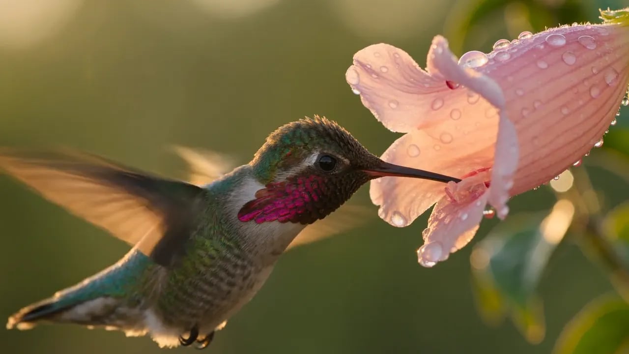 A hummingbird hovers beside a pink flower covered in dew at sunset.