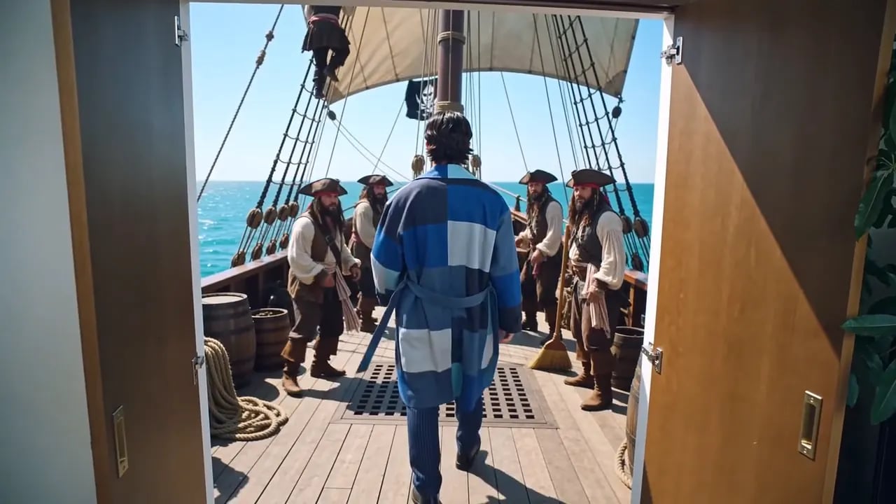 A man in a blue patchwork coat opens a wardrobe and finds the deck of a pirate ship behind the doors.