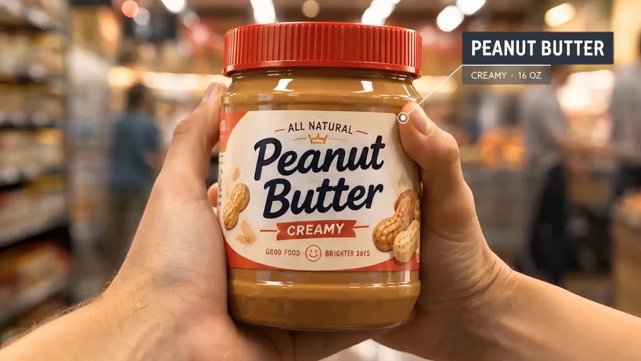 A hand carries a jar of peanut butter through a grocery store while a label reading PEANUT BUTTER stays beside it.