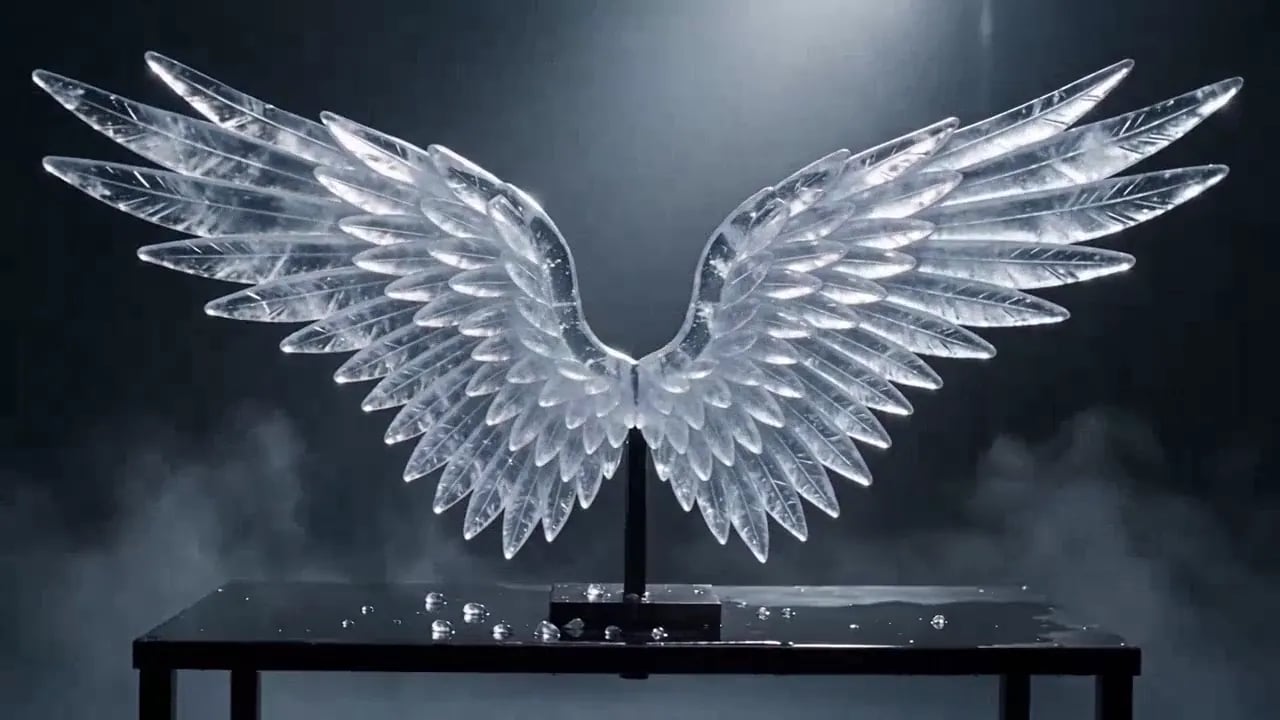A chisel carves a block of clear ice into a pair of angel wings on a black stand.