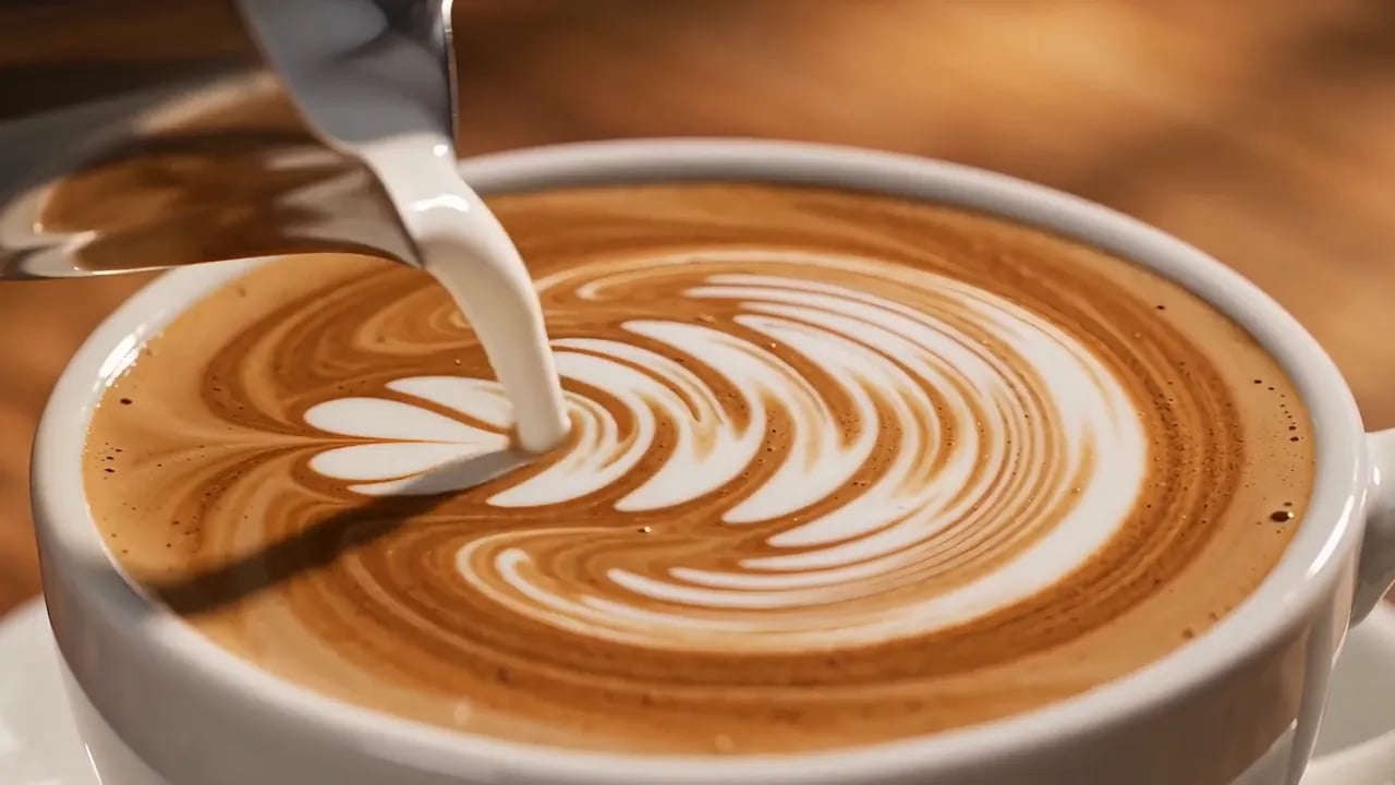 Steamed milk pours into a cup of coffee and forms a leaf pattern.