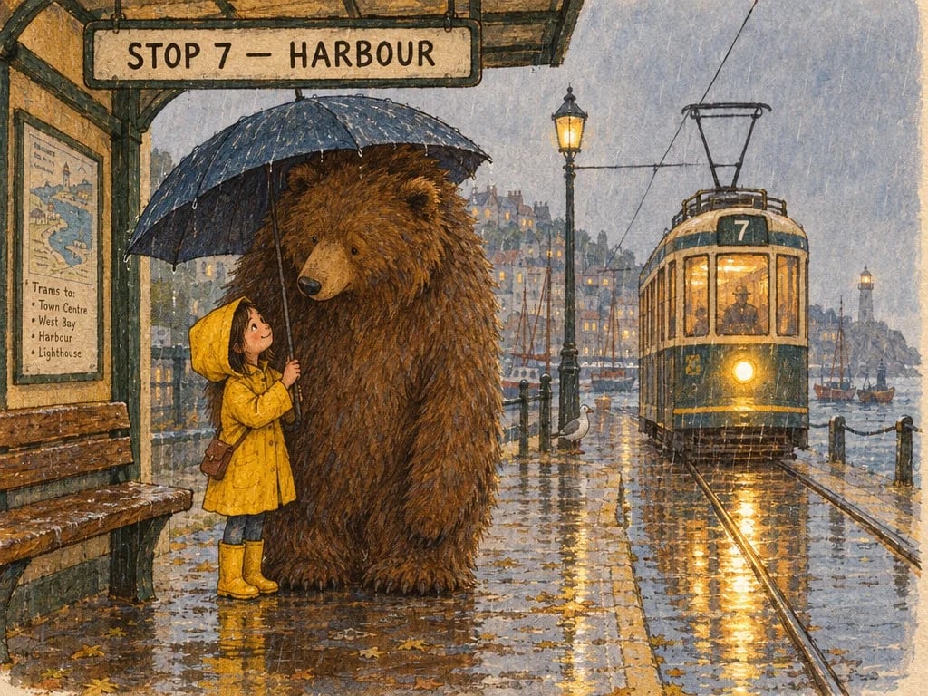 A storybook illustration of a girl in a yellow raincoat sharing an umbrella with a large bear at a rainy tram stop.