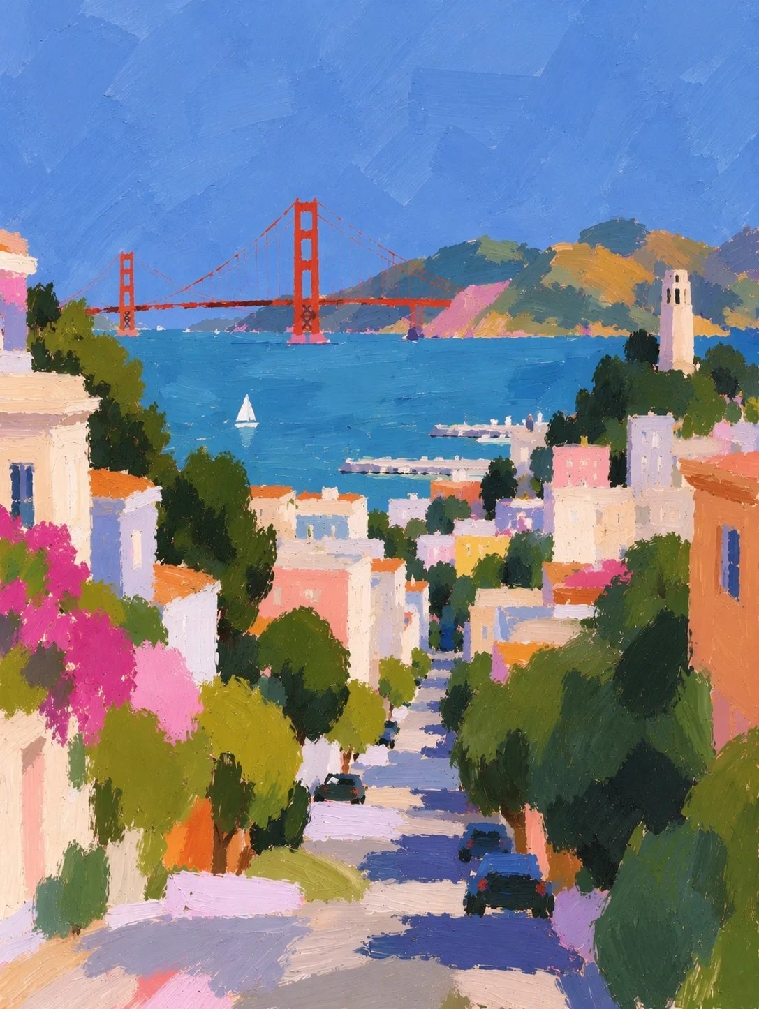 An impressionist painting of a San Francisco street running down past colorful houses toward the Golden Gate Bridge.