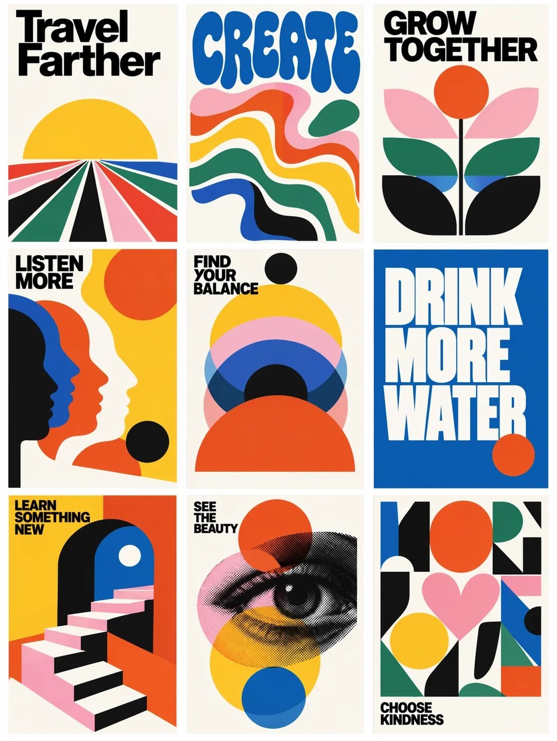 Nine mid-century modern posters in a grid, with slogans such as Travel Farther, Create and Drink More Water.