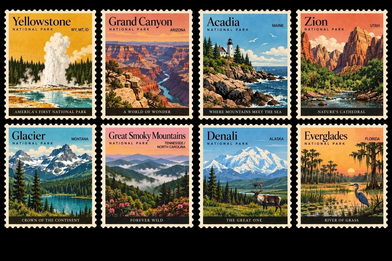 Eight vintage-style stamps of U.S. national parks, from Yellowstone and Grand Canyon to Denali and Everglades.