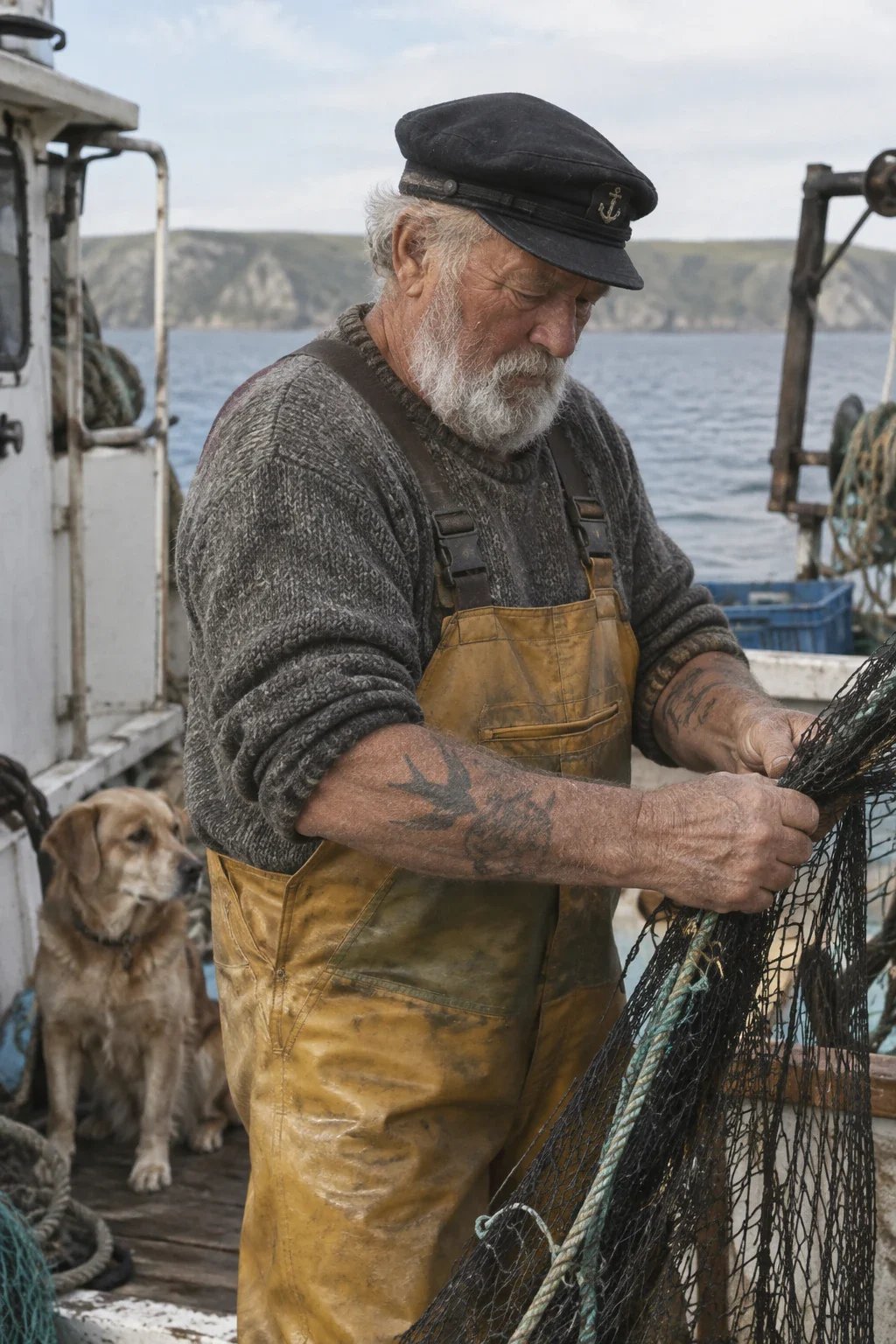 An elderly sailor in a cap and yellow oilskin overalls mends a fishing net on deck while his dog sits beside him.