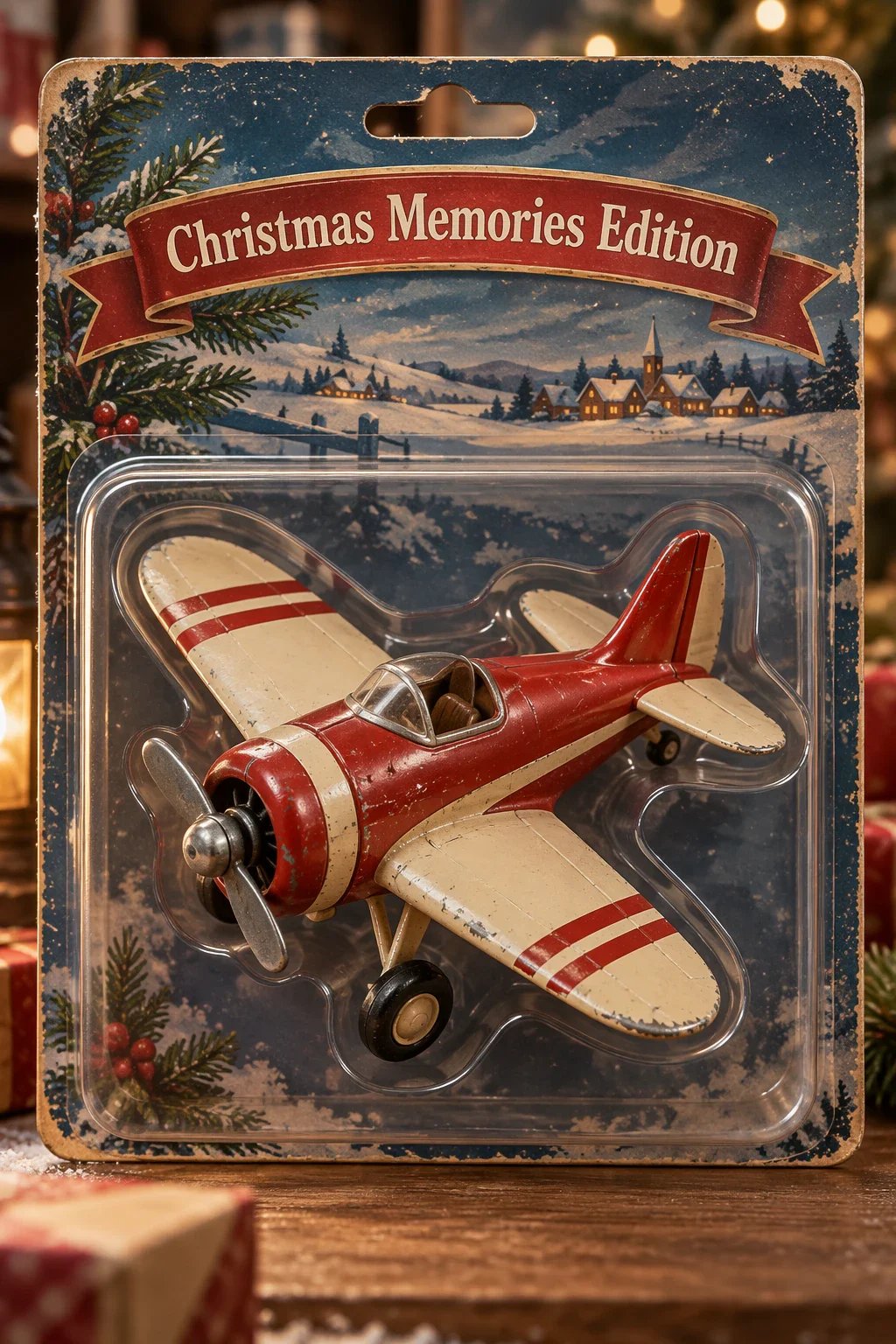 A red and cream vintage toy airplane in blister packaging labeled Christmas Memories Edition.