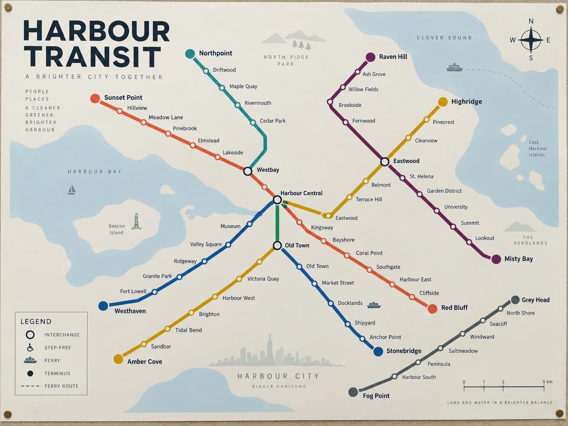 A transit map poster titled Harbour Transit, with color-coded lines, named stations and a legend.
