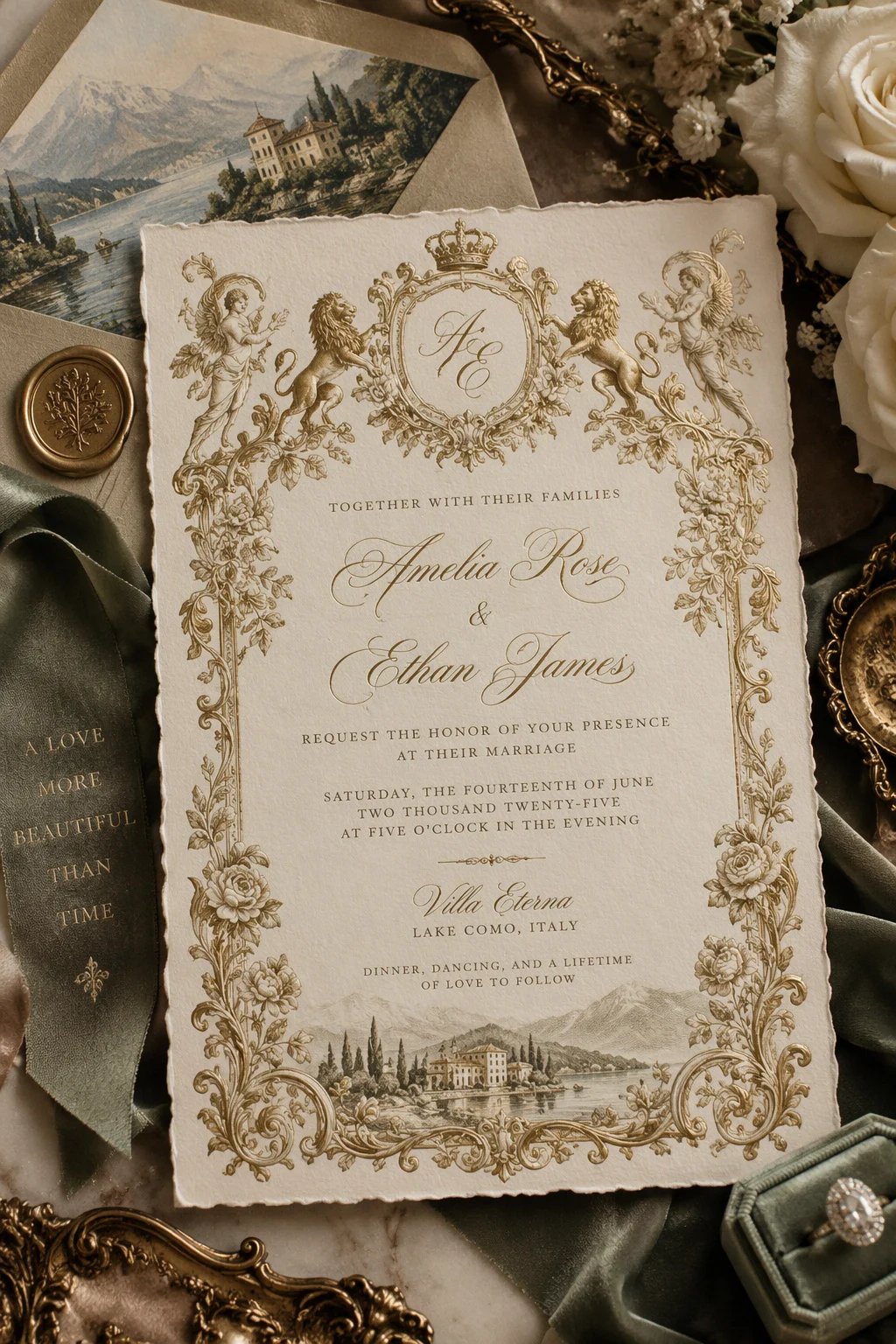 A cream and gold wedding invitation with a crowned monogram and lions, laid among silk ribbons, roses and a wax seal.