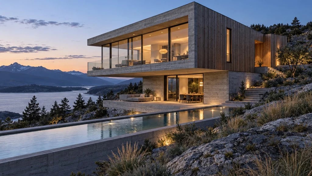 A cantilevered concrete and timber house glows at dusk above a rocky slope, with a lap pool reflecting the last light.