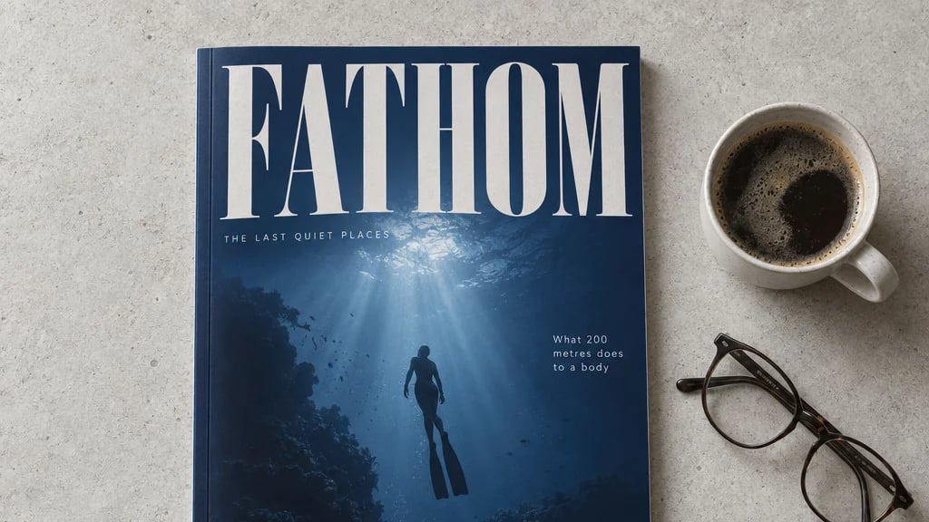 A magazine titled FATHOM, with a free diver in blue underwater light on the cover, lies on a concrete table beside a coffee cup and reading glasses.