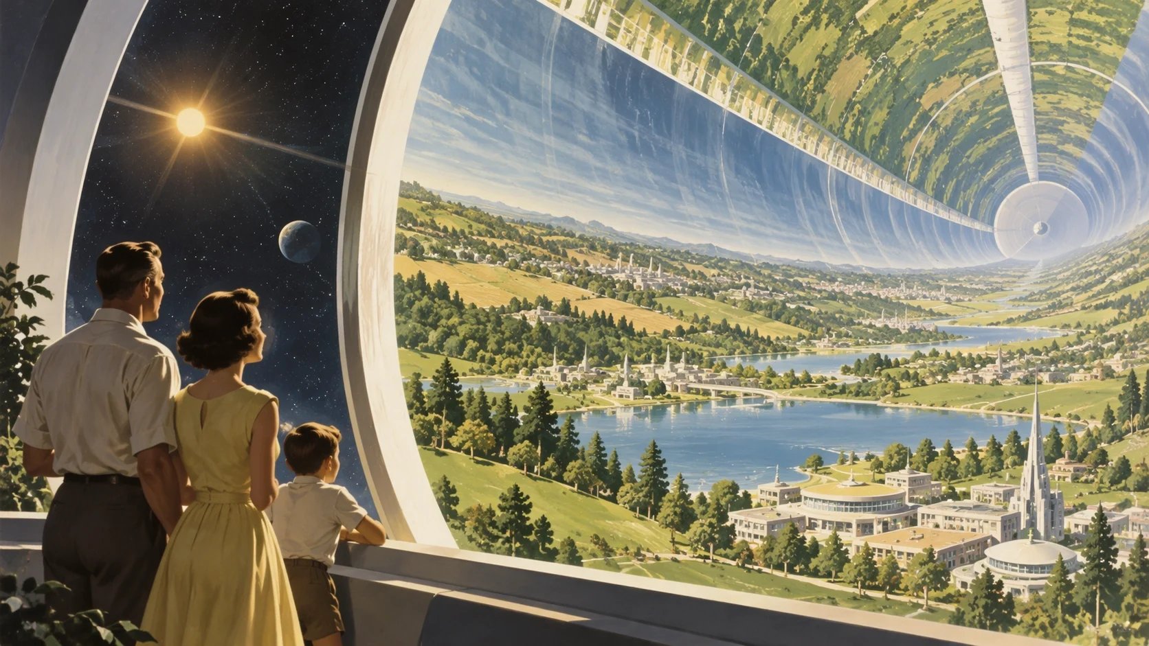 A 1950s-style illustration of a family at a window, looking out over the fields, lakes and towns inside a cylindrical space habitat.