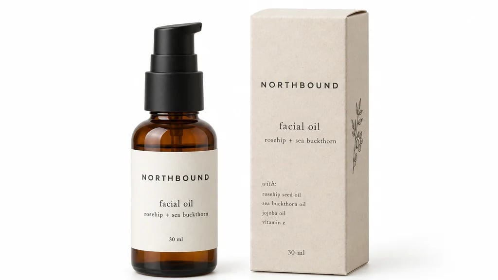 An amber glass serum bottle with a black pump stands beside its white carton, both labeled Northbound, on a seamless white background.