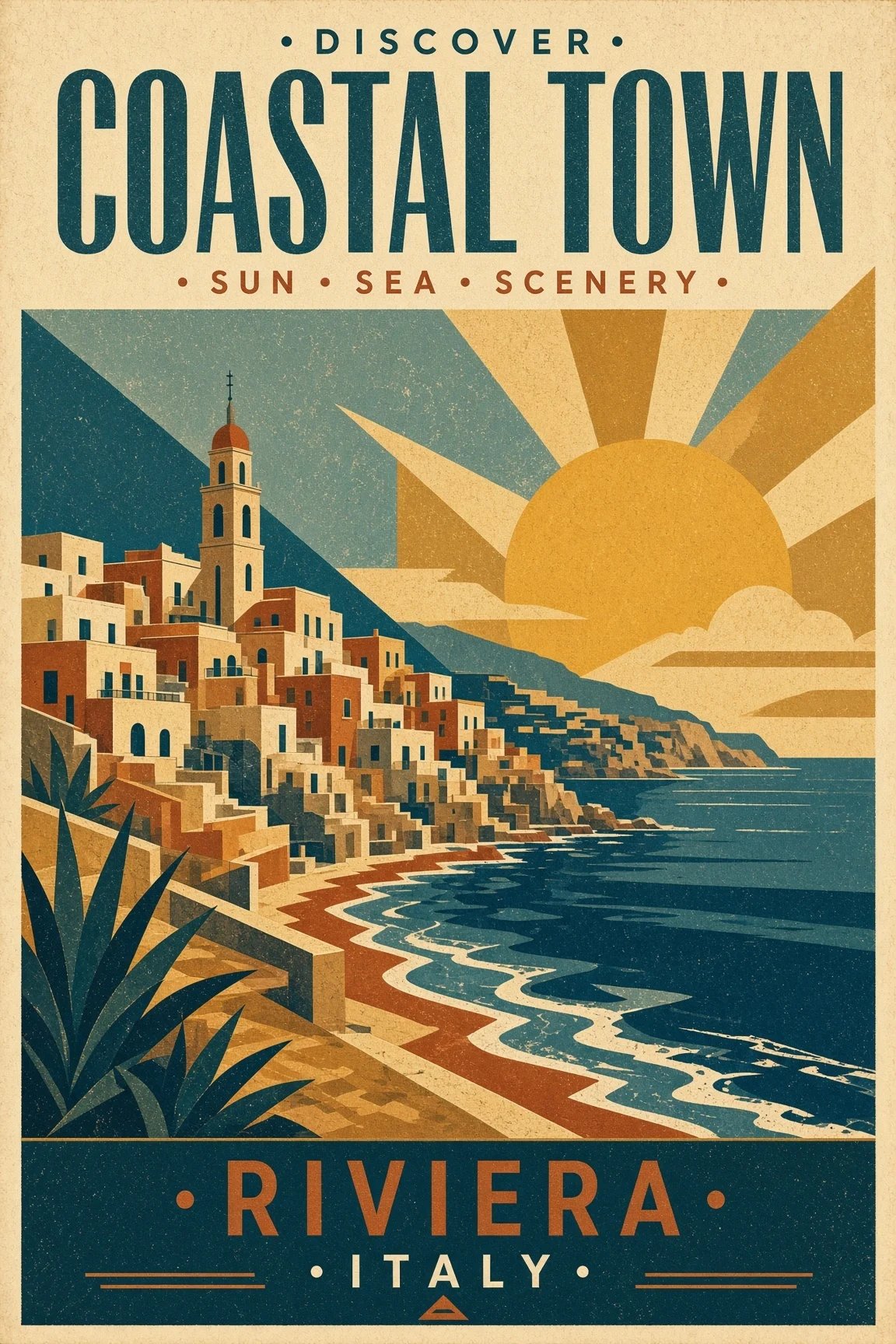 斜面に建つ海辺の町と昇る太陽を描いたレトロな旅行ポスター。タイトルは Discover Coastal Town, Riviera Italy。
