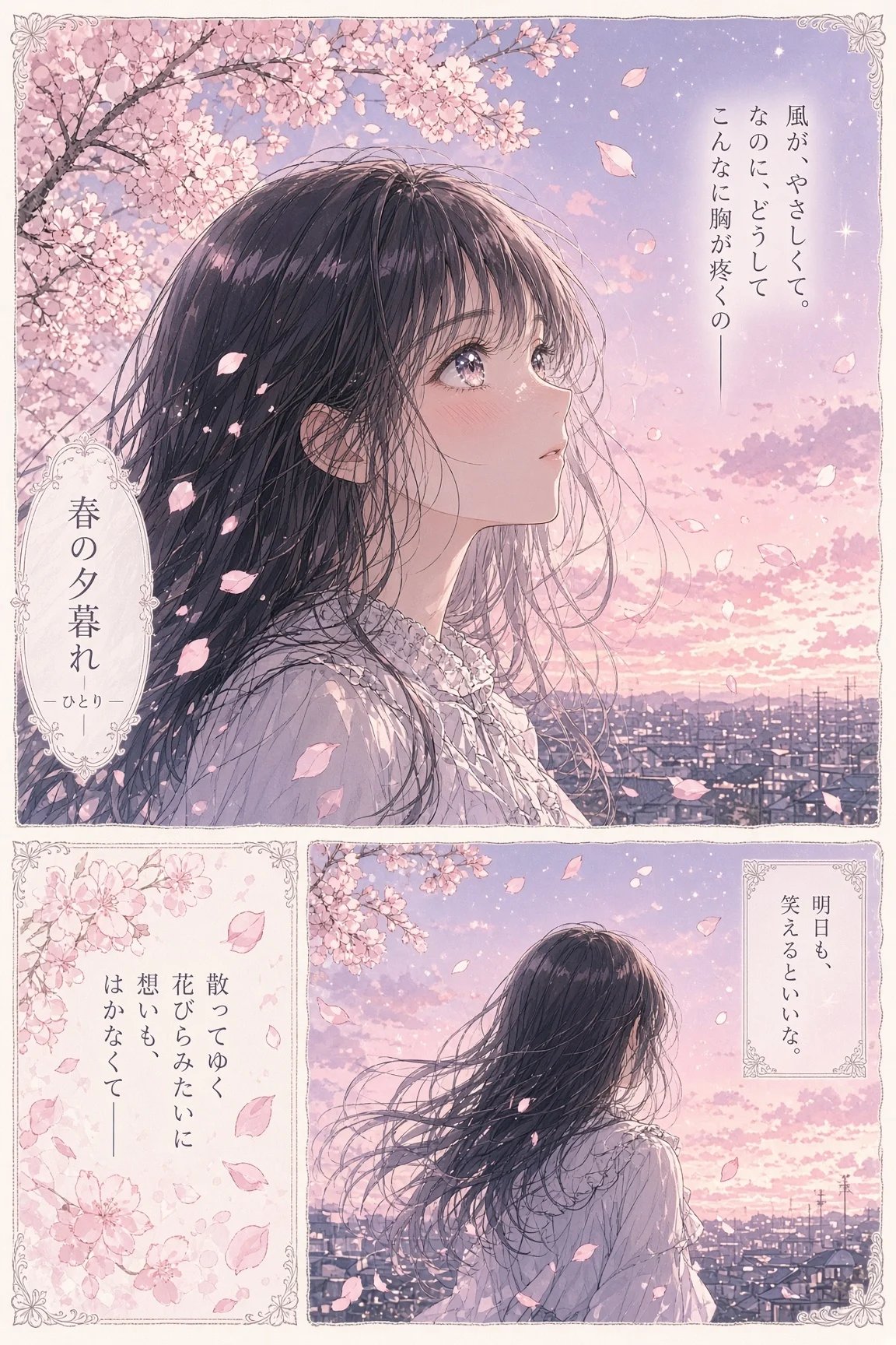 舞い散る桜の中の少女を描いた三コマのマンガ。縦書きの吹き出しに日本語のセリフ。