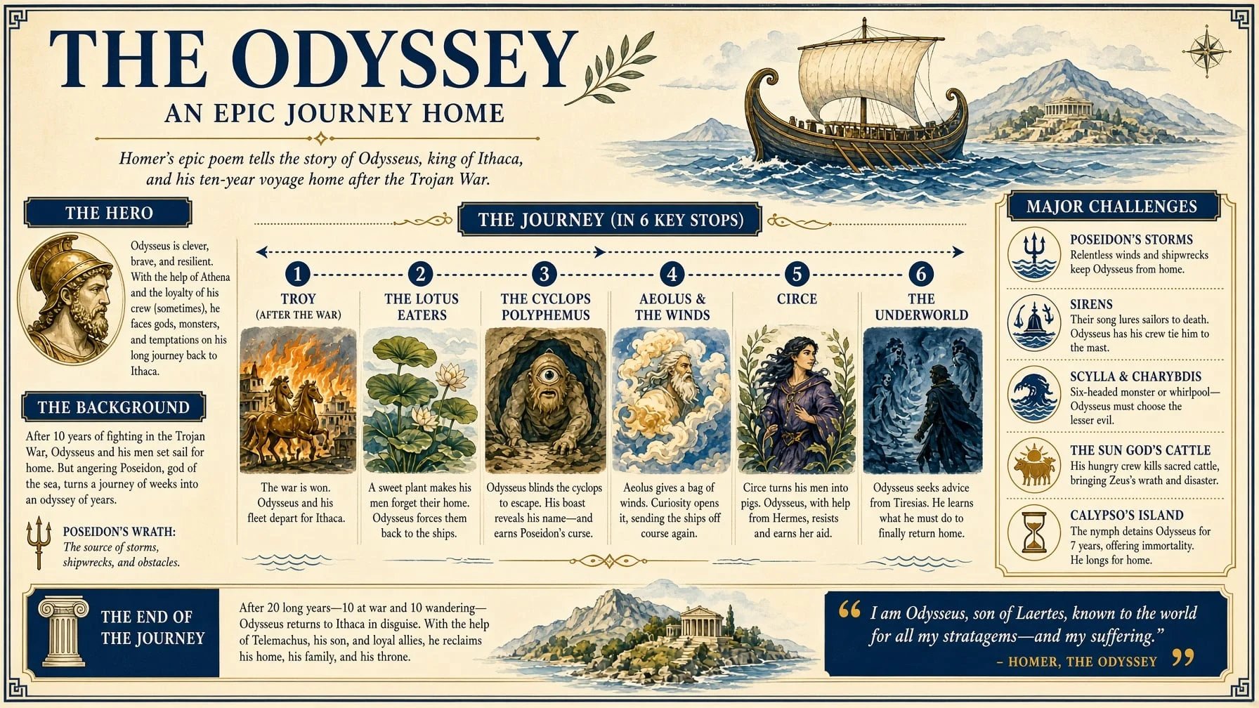 The Odyssey と題したインフォグラフィック。番号付きの航路に沿って六つのイラストが並び、両脇に主人公と試練の解説がある。