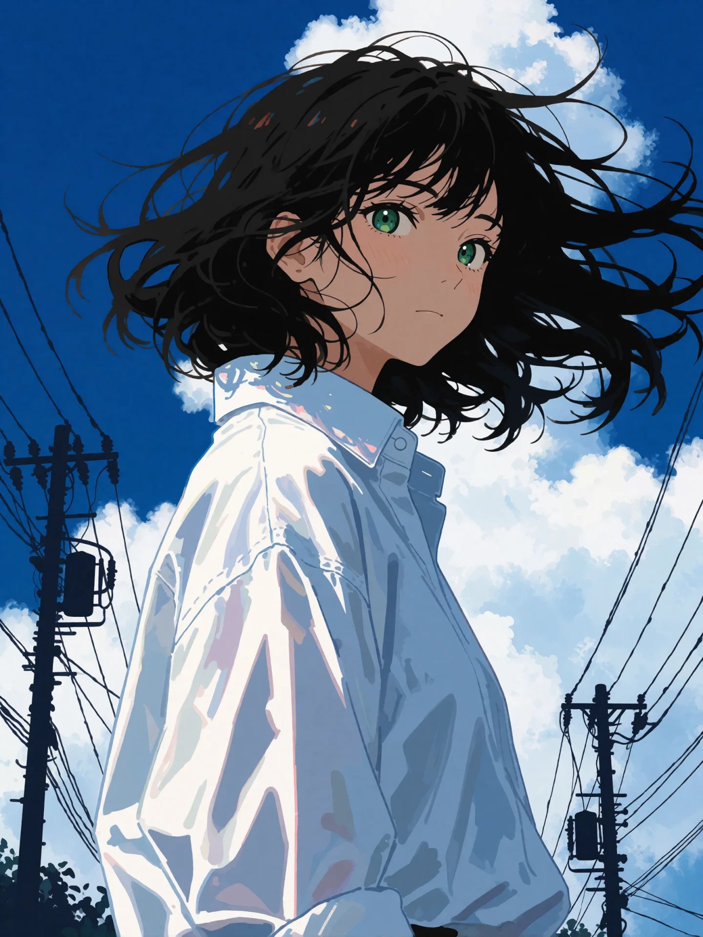 An anime girl in a white shirt looks over her shoulder, hair blowing, under a deep blue sky with power lines.