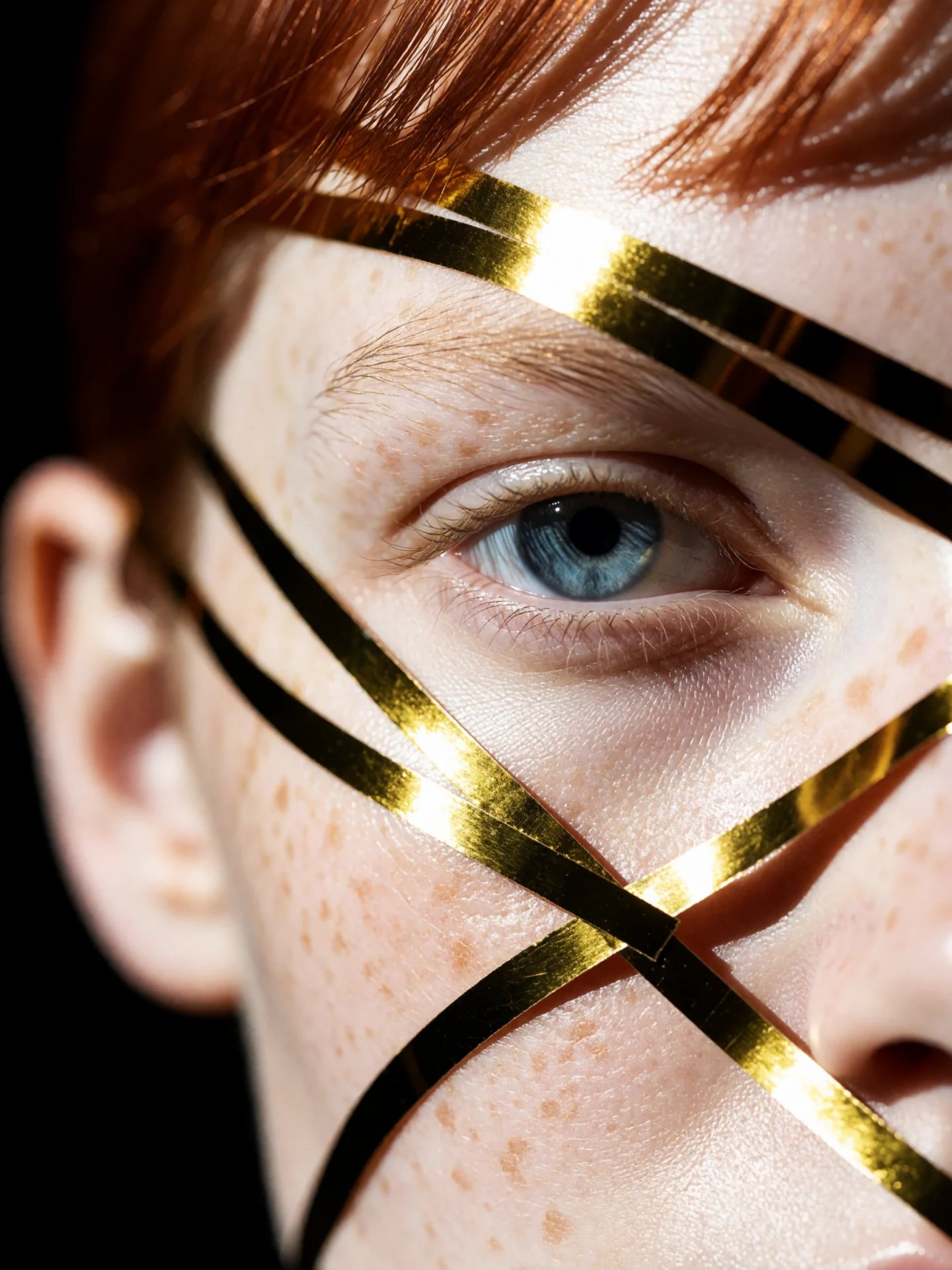 A freckled face with one blue eye, wrapped in thin gold ribbons against a black background.