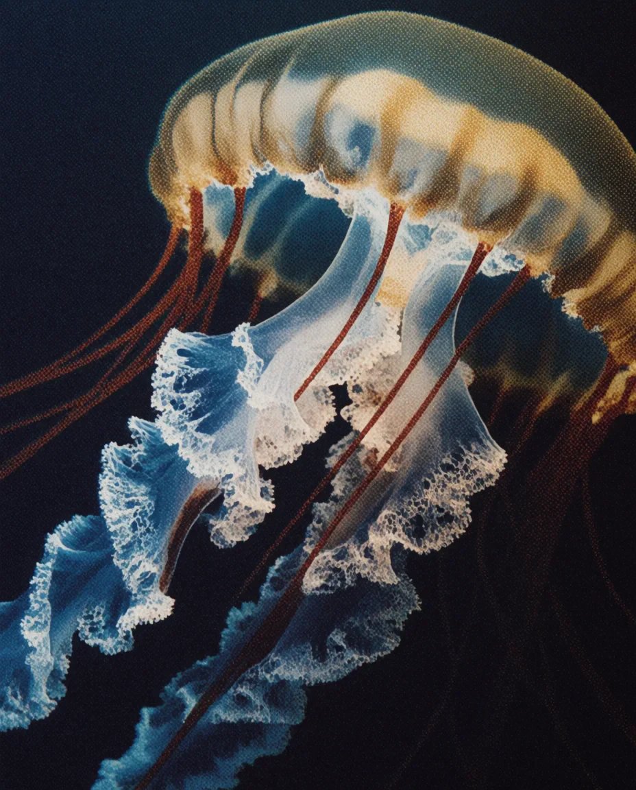 An amber jellyfish with ruffled blue tentacles drifts through dark water.