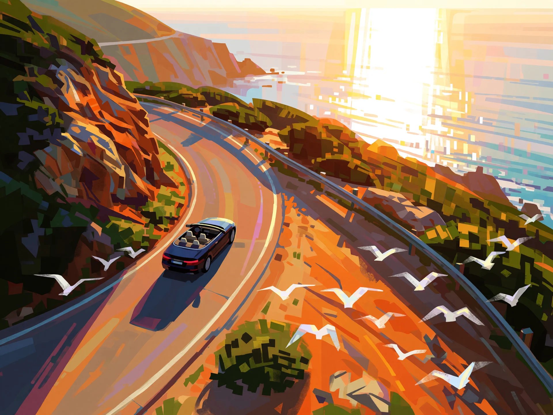 A dark convertible climbs a winding cliff road above a sunlit ocean as white birds fly past.