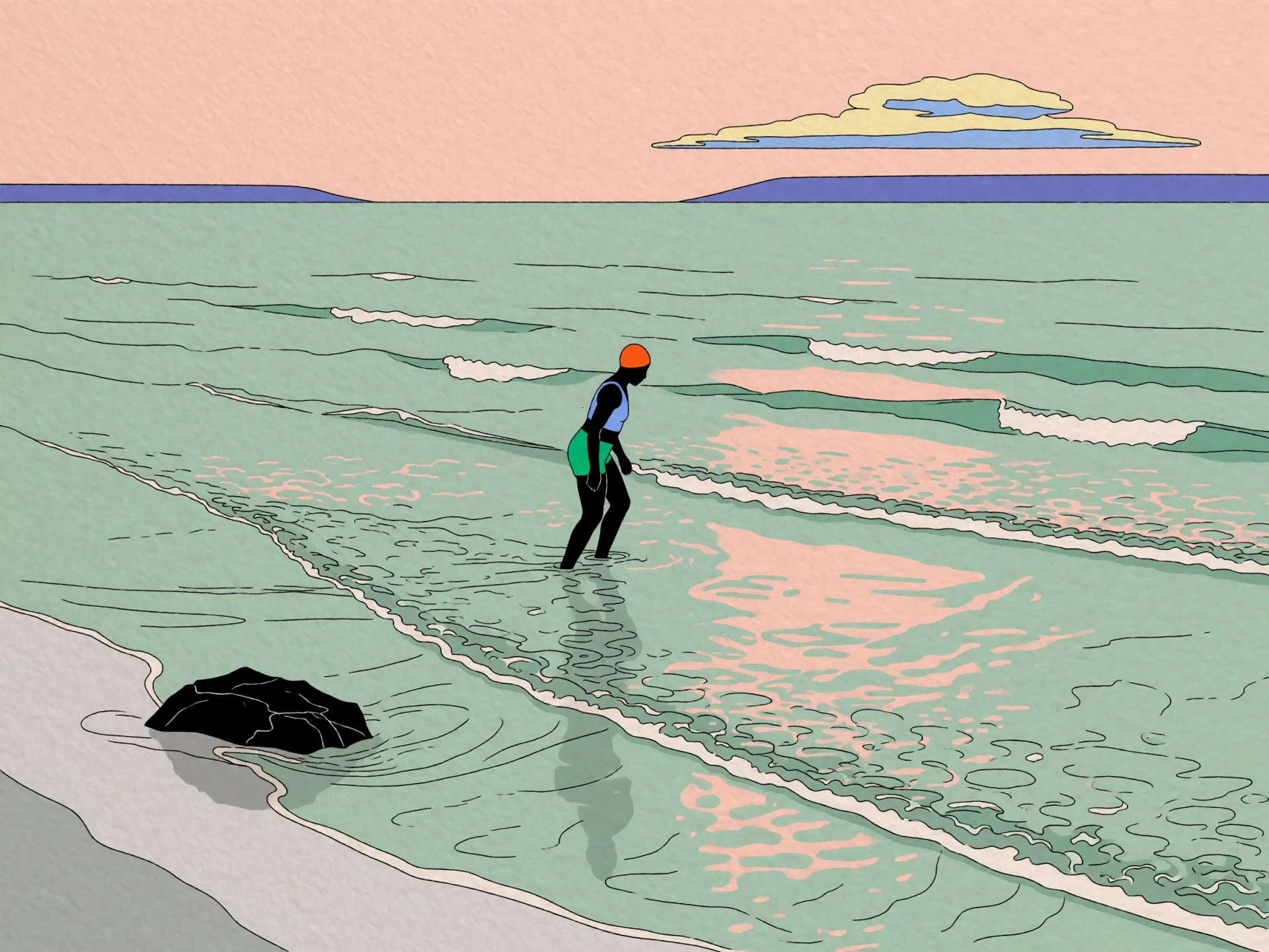 A figure in an orange swim cap wades through mint-green waves under a pale peach sky.