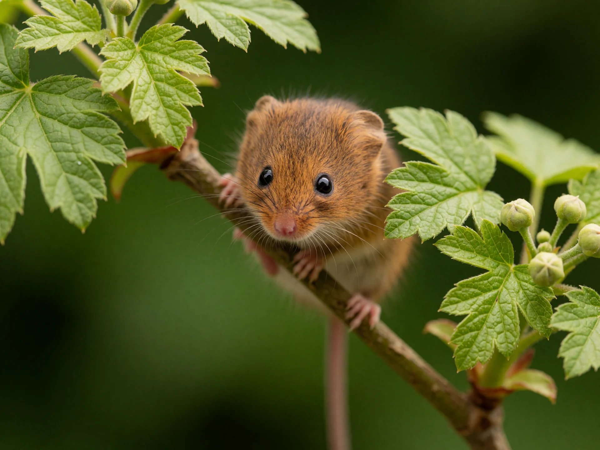A harvest mouse grips a thin branch among green leaves against a soft green background.