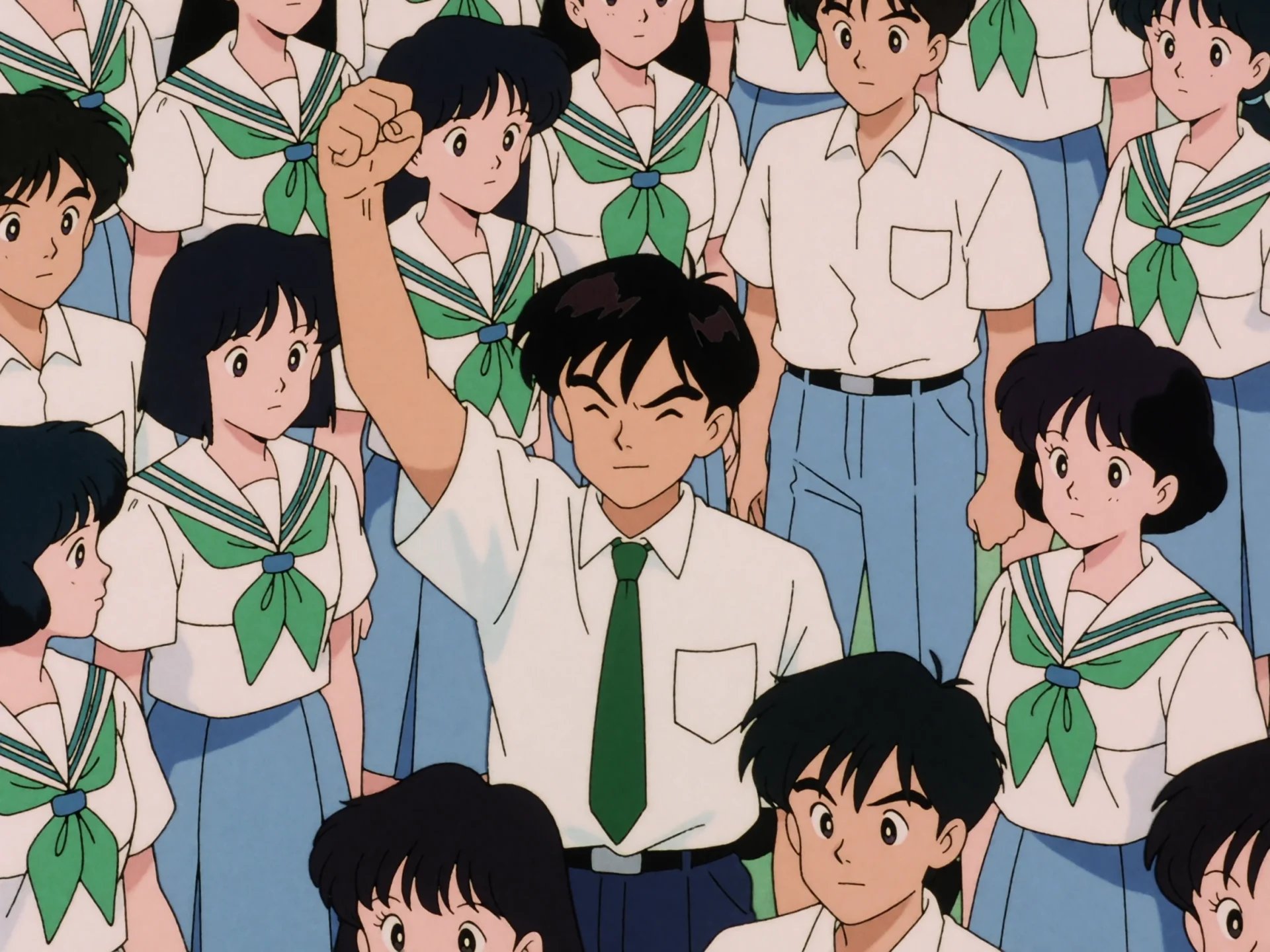 A crowd of anime students in summer uniforms surrounds a boy raising his fist.