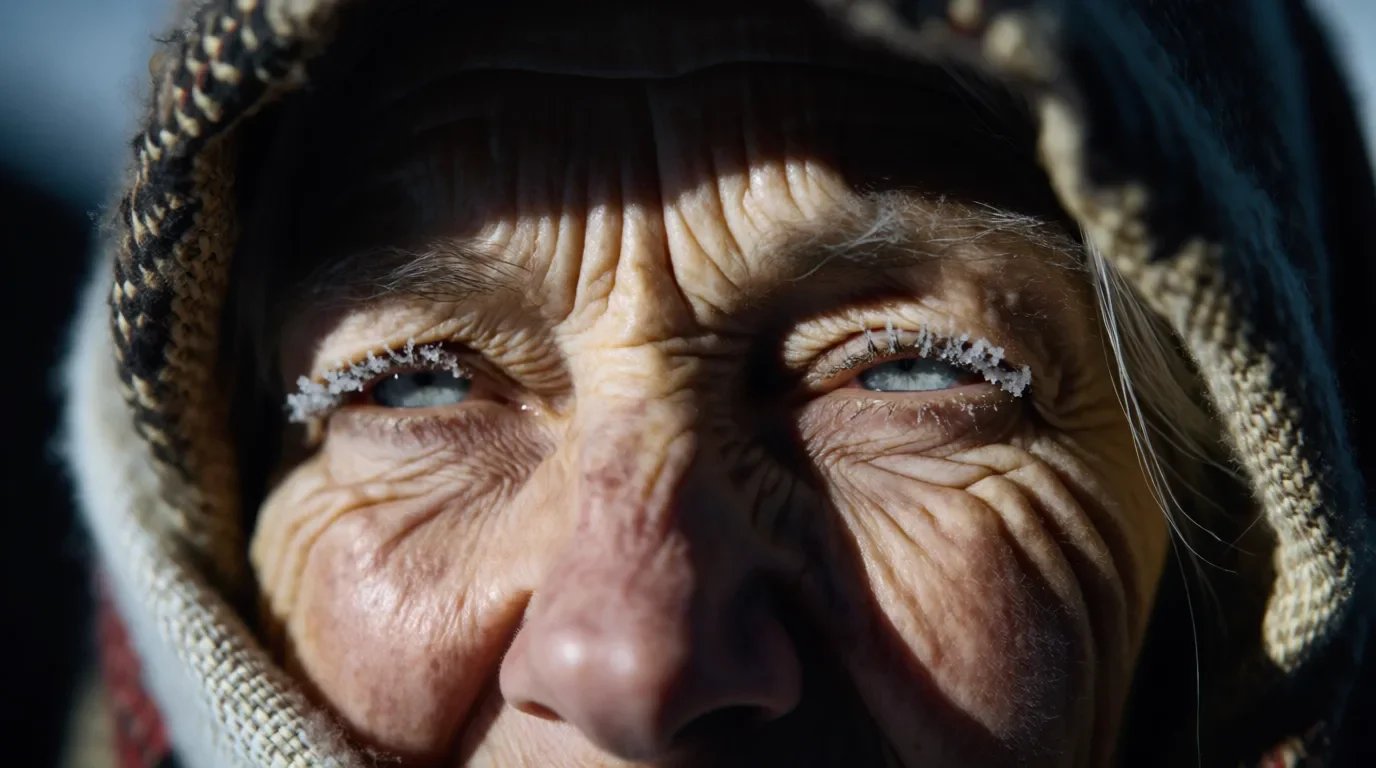 An elderly woman in a knitted hood squints into the light, frost on her eyelashes.