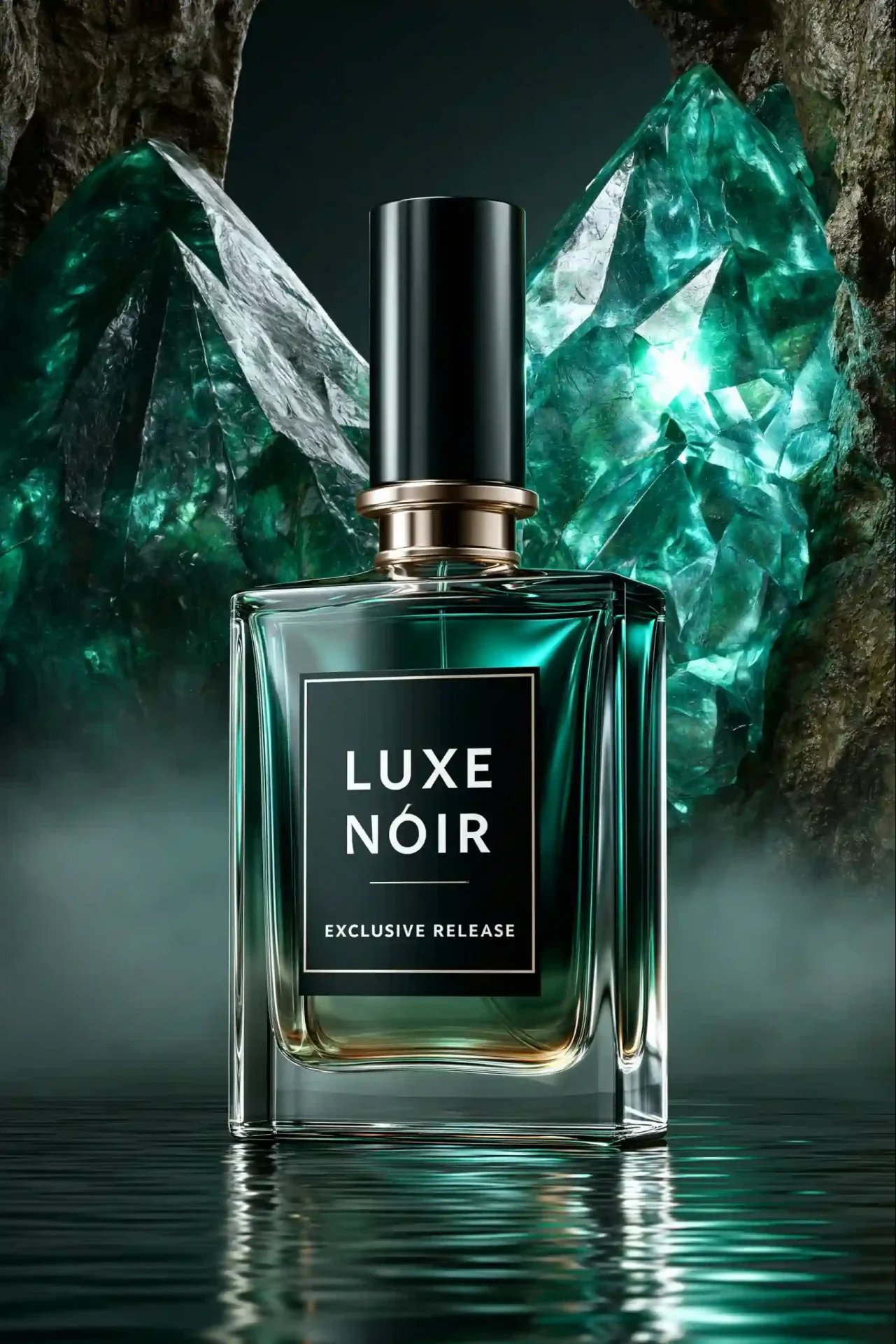 LUXE NOIR と書かれた緑のガラスの香水瓶が、霧の立つ水面の上でエメラルドの結晶に囲まれて立っている。
