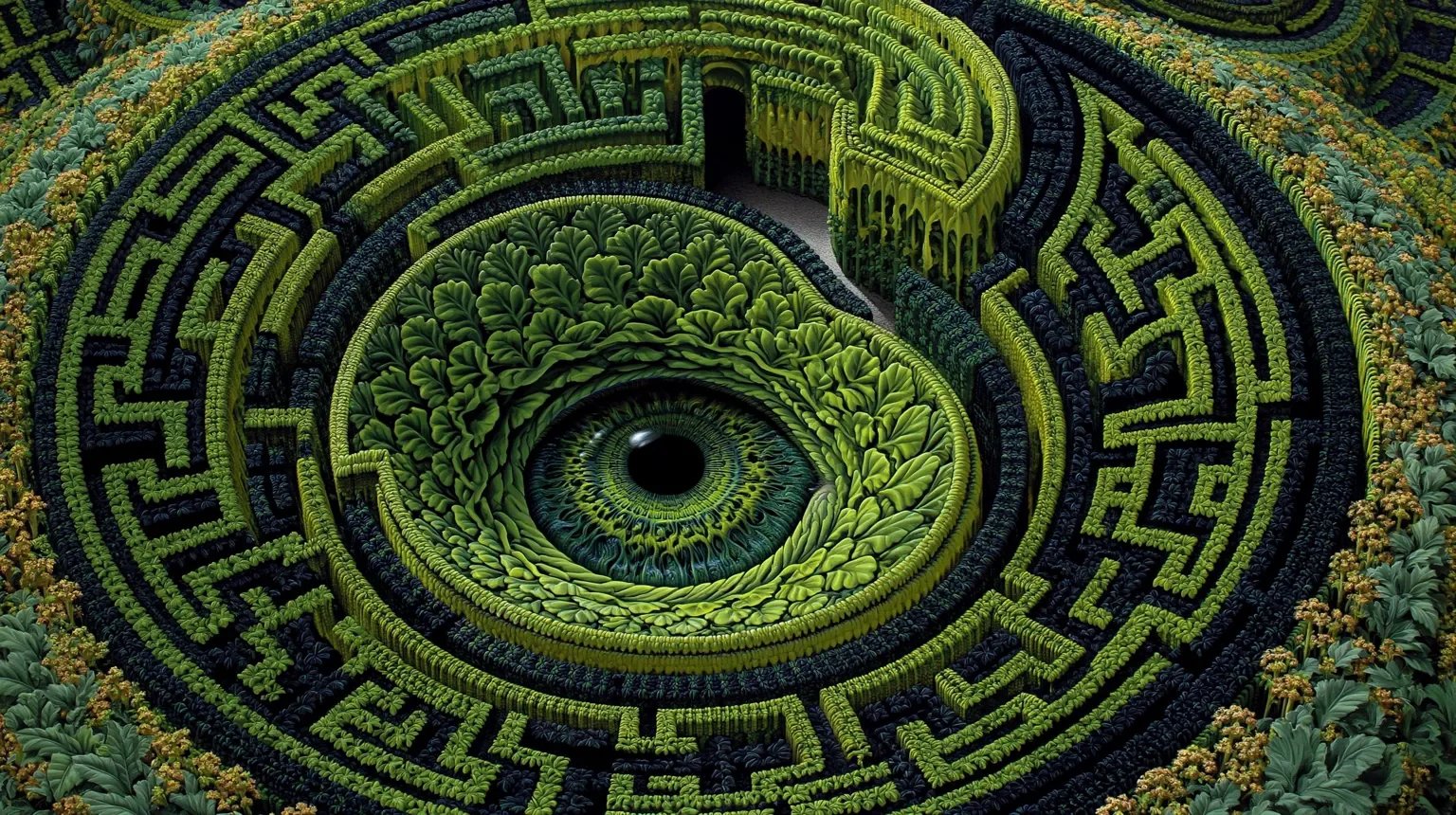 上空から見た緑の生け垣の迷路が、渦を描きながら中央の巨大な目へと収束している。