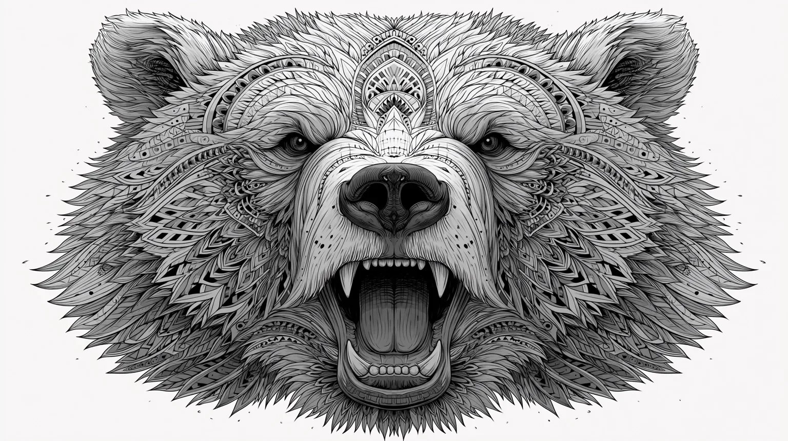 白い背景に、緻密な黒い装飾線で描かれた吠えるクマの頭。