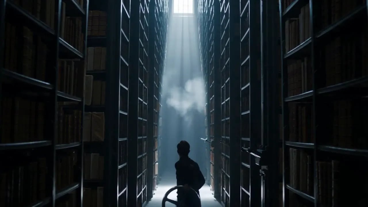 A silhouetted figure moves down an aisle between towering archive shelves toward a shaft of light.