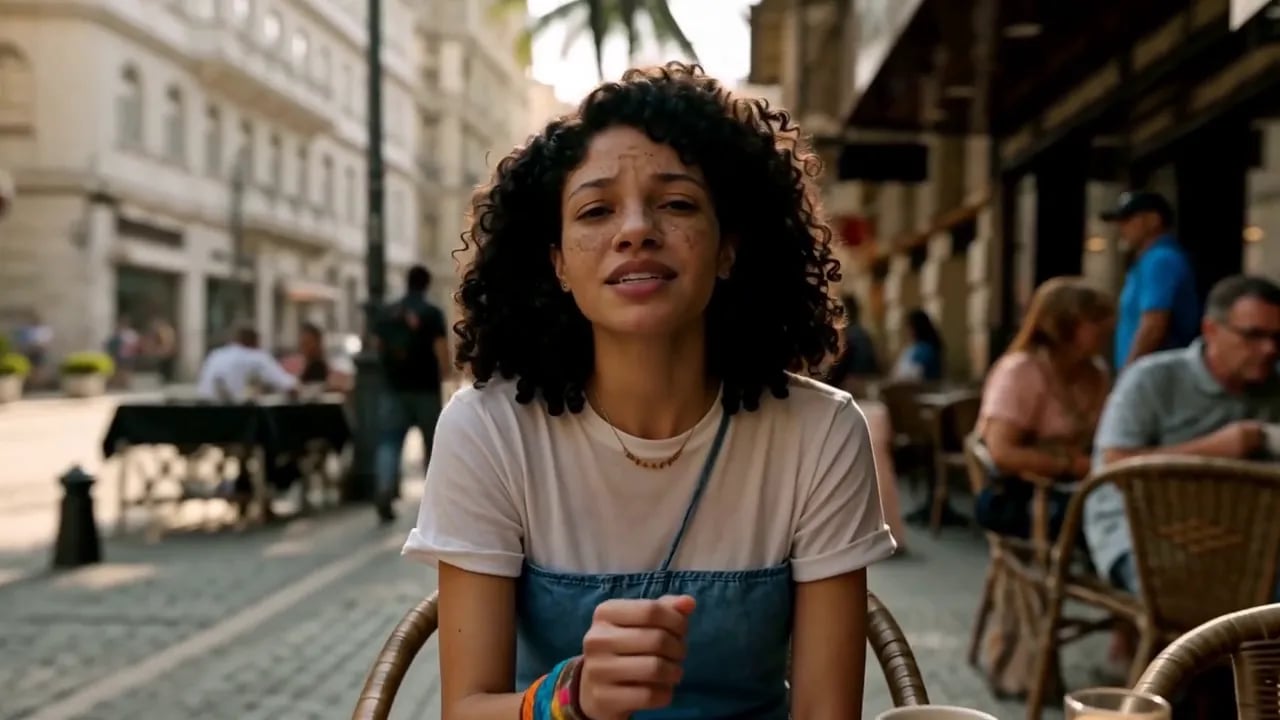 A young woman with curly hair sings to the camera at a sunlit sidewalk café.