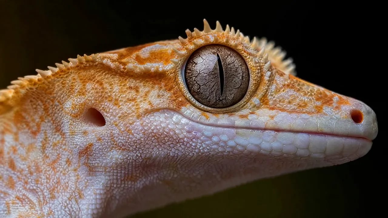 A macro close-up of a crested gecko's eye and textured orange scales.