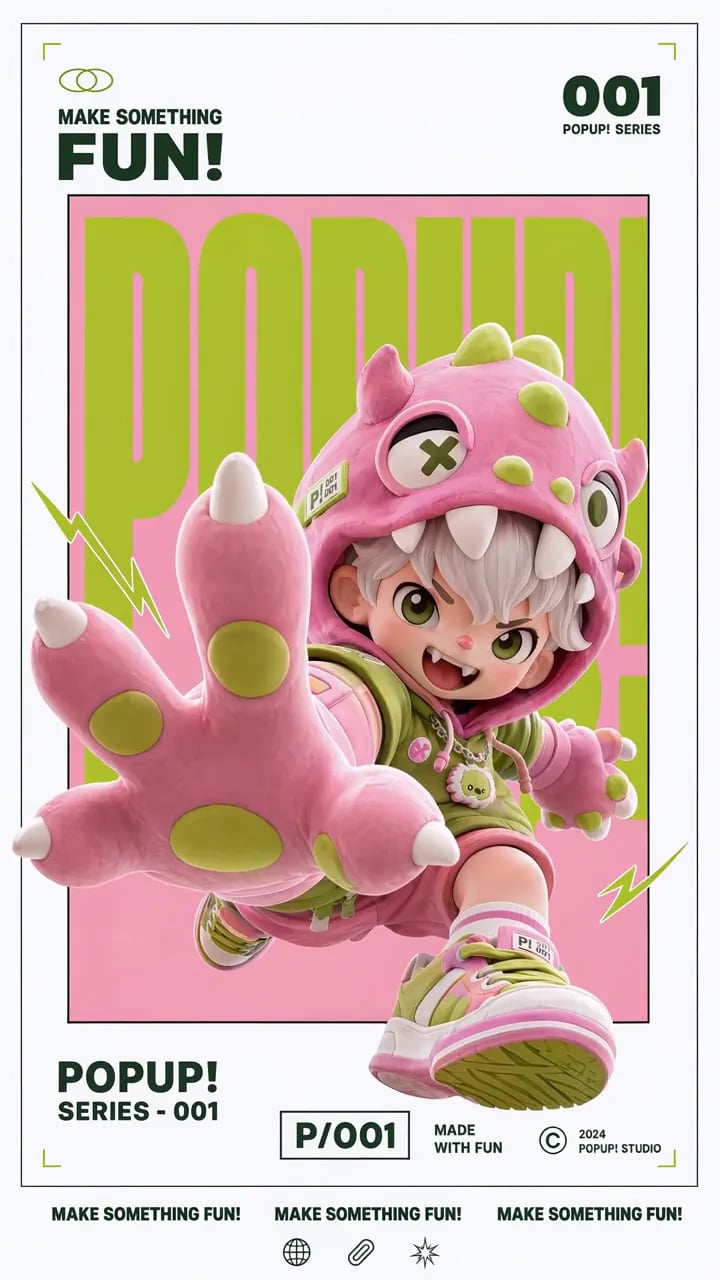 A small character in a pink monster hoodie leaps out of an animated poster toward the camera.