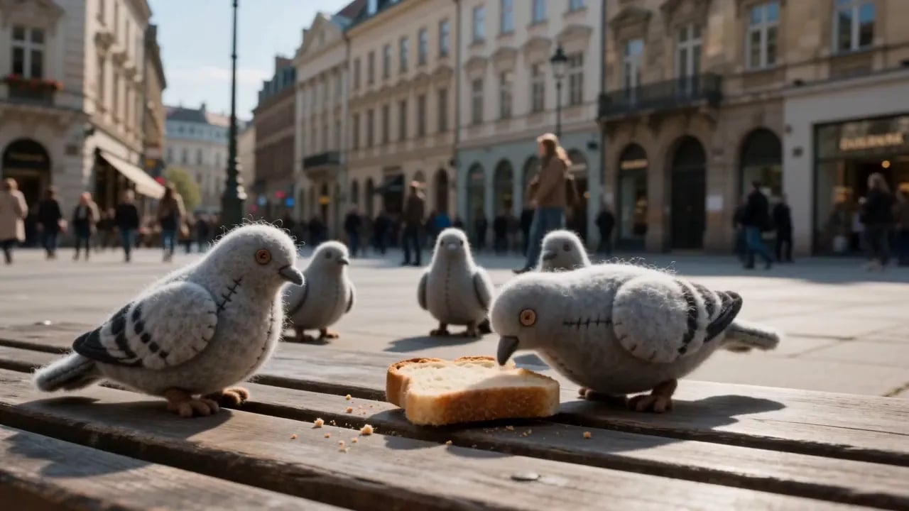 Knitted felt pigeons peck at a slice of toast on a wooden bench in a busy city square.