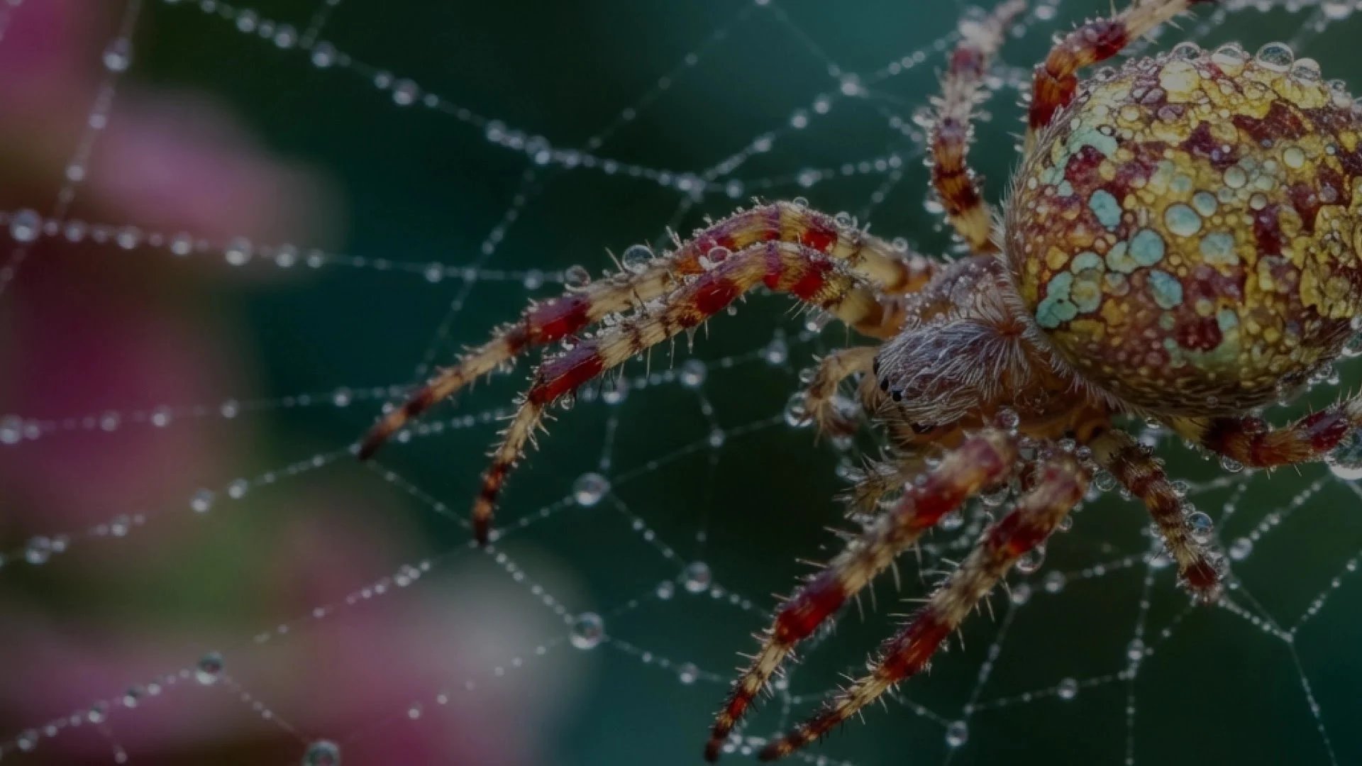 Nano Banana 2 Lite macro photo of a red and yellow spider covered in water droplets on its web.