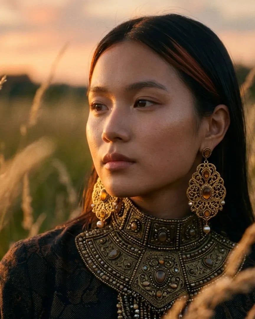 A young woman in ornate gold earrings and a beaded collar stands in tall grass at sunset.