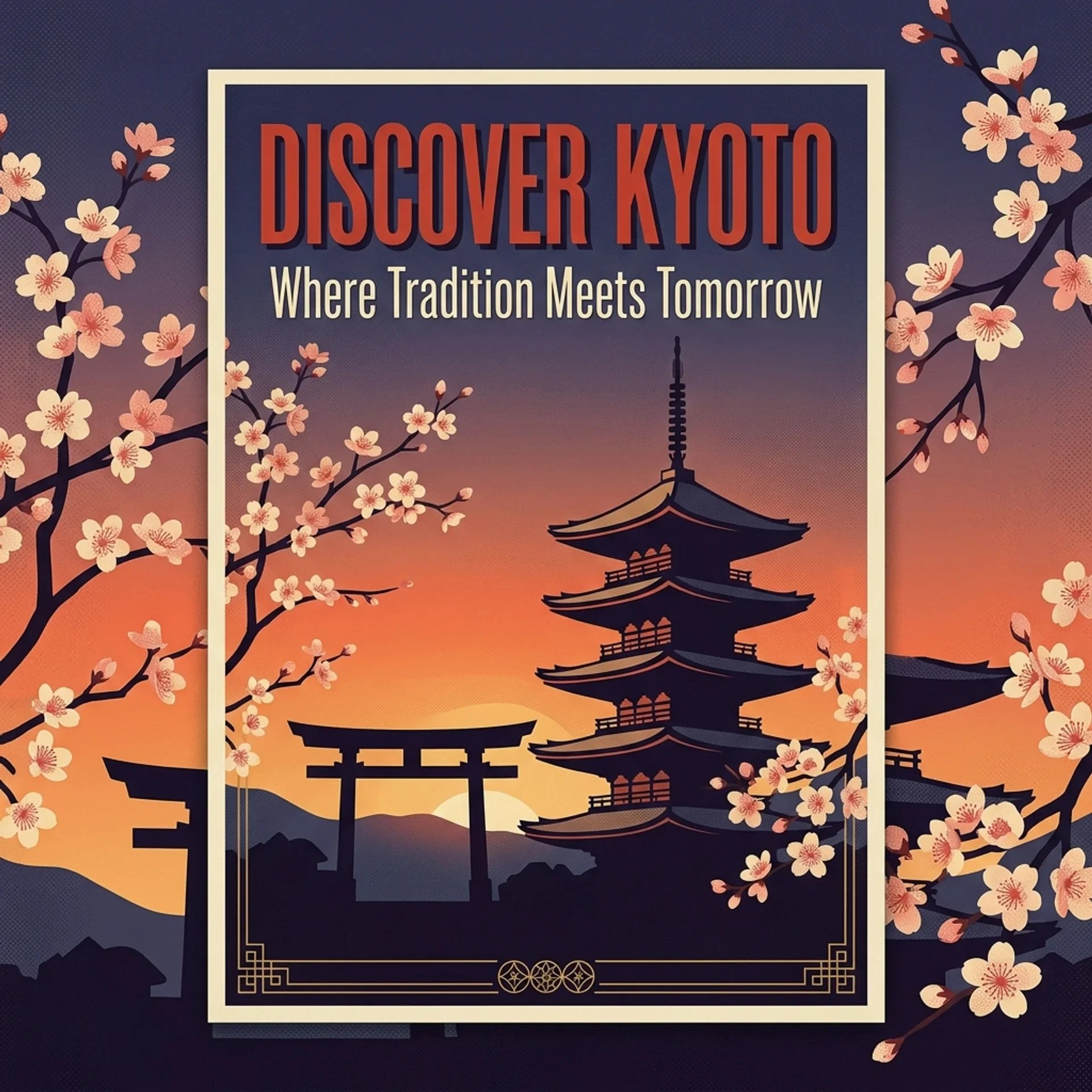 A travel poster reading Discover Kyoto, Where Tradition Meets Tomorrow, with a pagoda and torii gate silhouetted against a sunset and cherry blossoms.