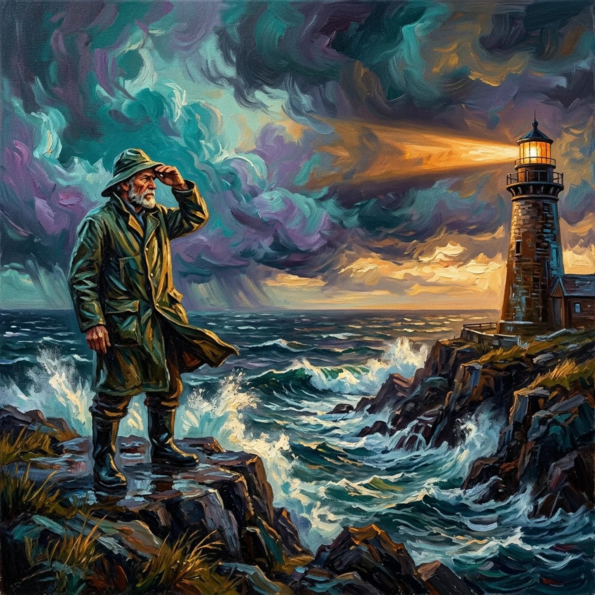 An oil painting in thick brushstrokes of a lighthouse keeper in a green raincoat shielding his eyes on the rocks as a storm rolls in.