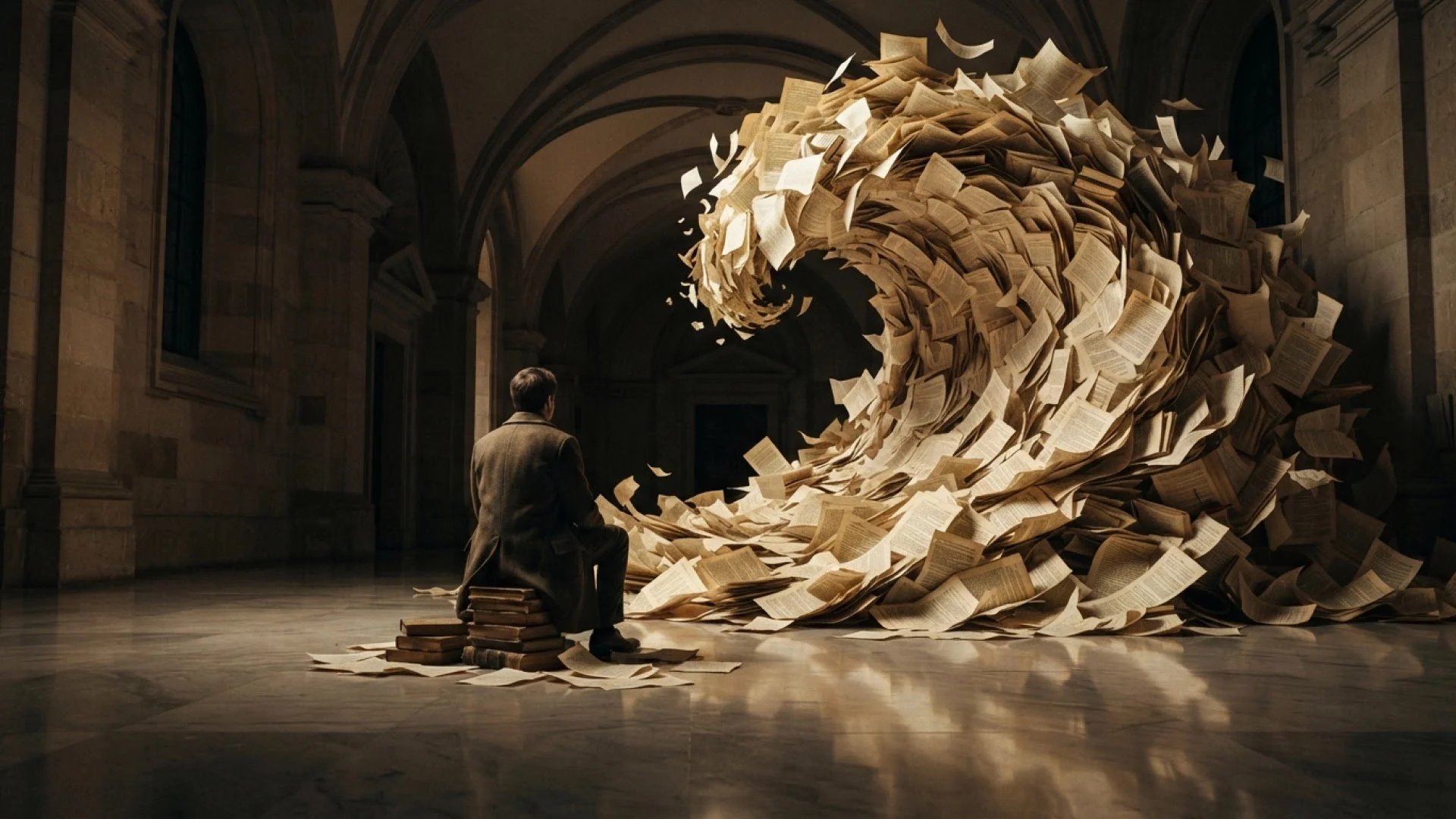 Nano Banana 2 Lite image of a man sitting on a stack of books before a towering wave of paper sheets in a stone hall.