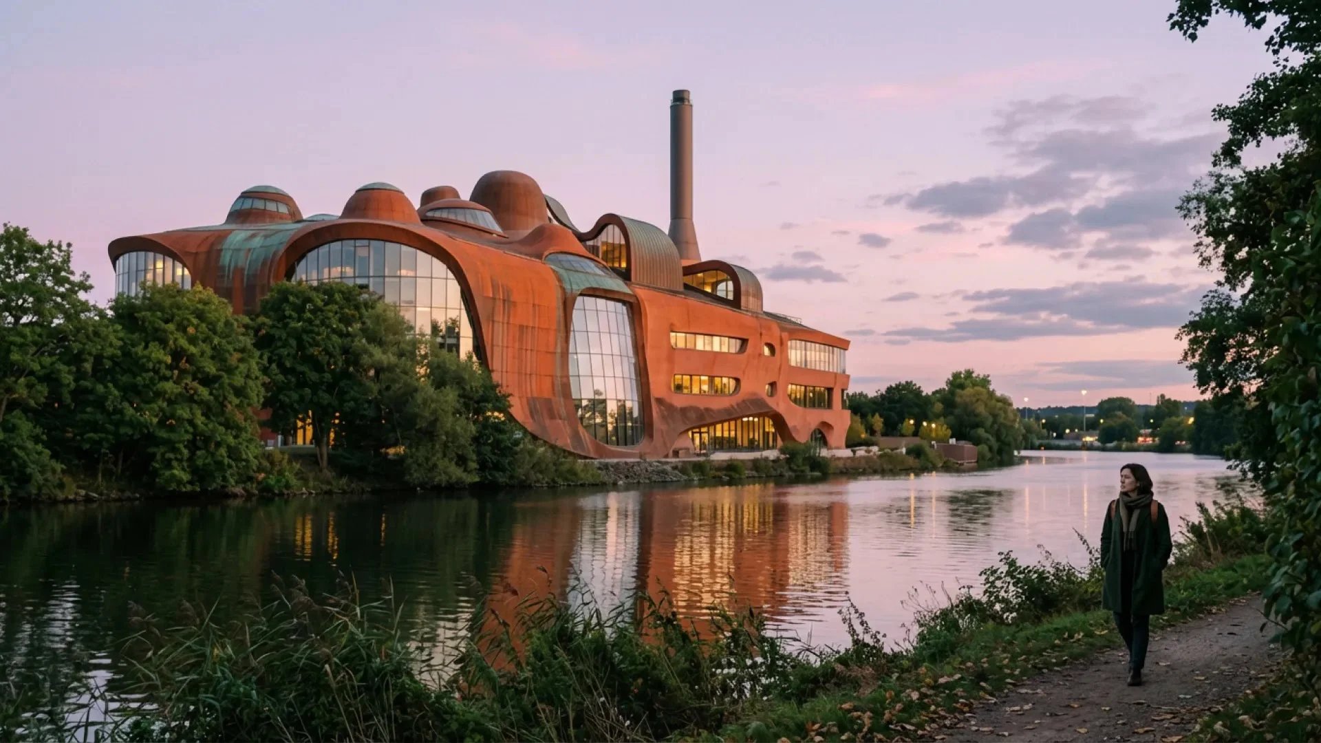A rust-colored building with curving walls and tall windows glows beside a river at dusk as a woman walks the bank path.