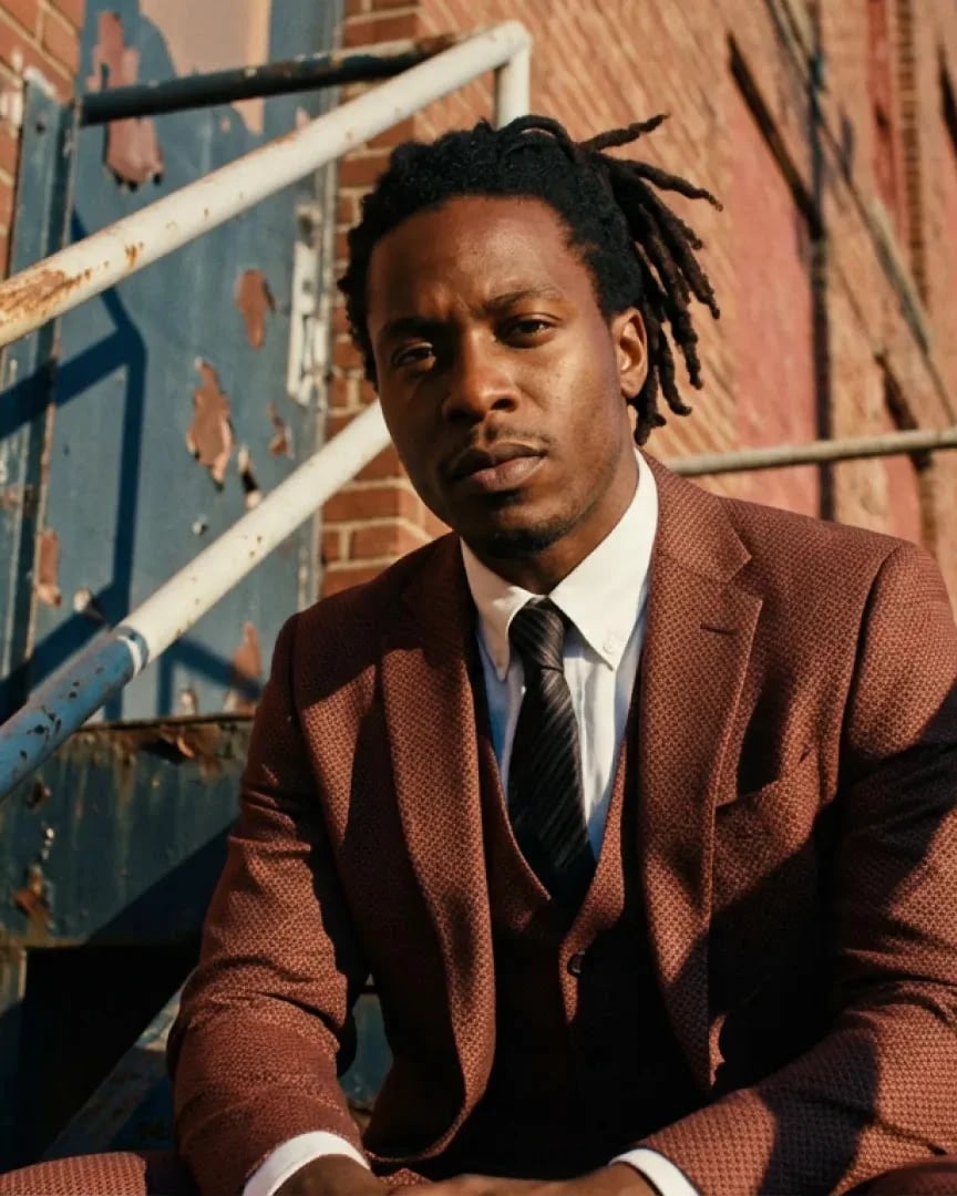 A man with dreadlocks in a rust-brown three-piece suit sits on weathered metal stairs against a brick wall.