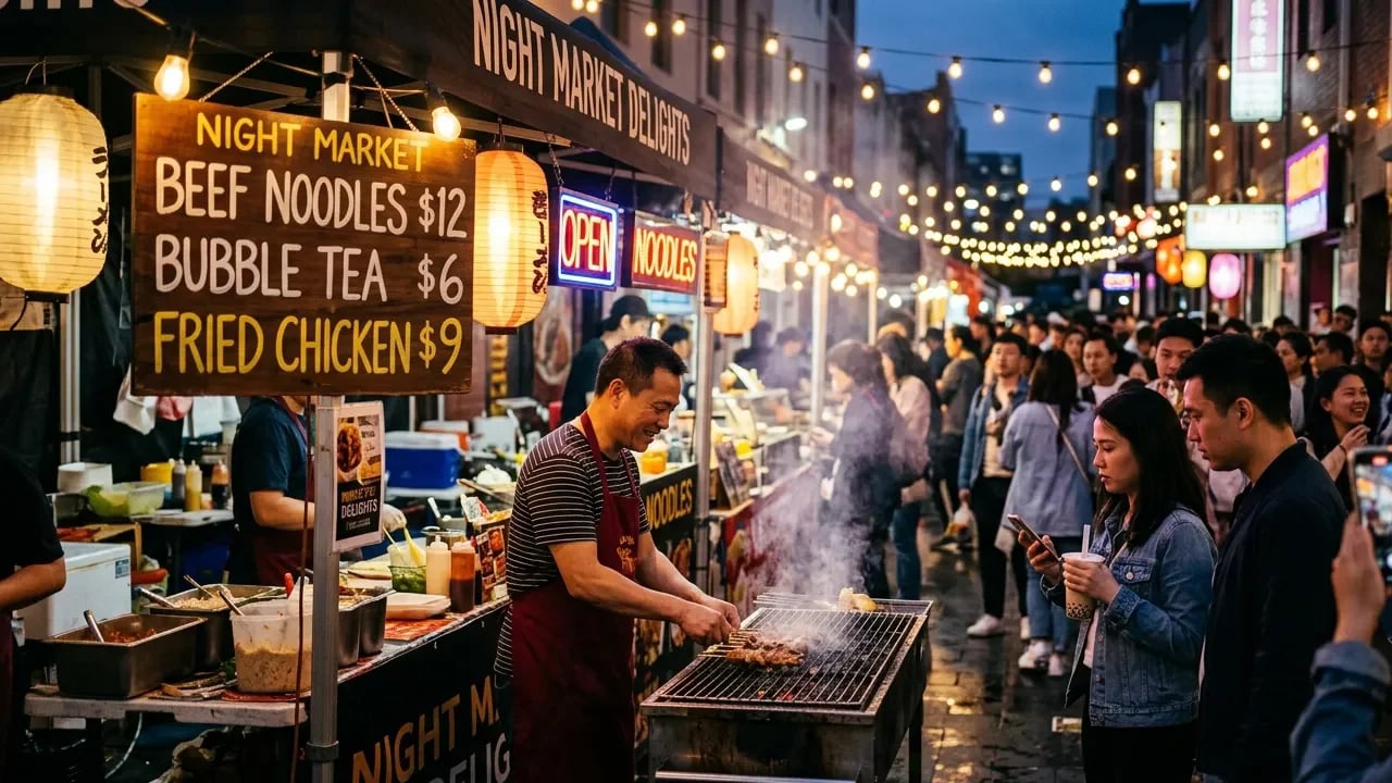 Nano Banana 2 output: a crowded night market with steam rising from a grill under a menu board reading Beef Noodles $12, Bubble Tea $6 and Fried Chicken $9.