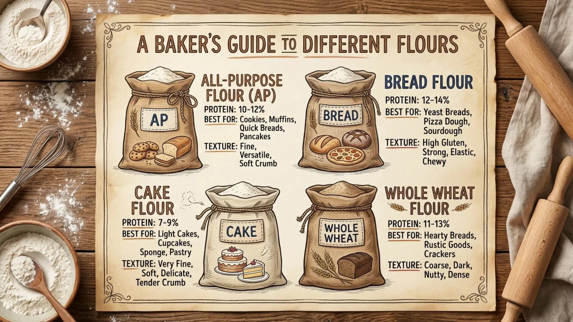 A hand-drawn chart titled A Baker's Guide to Different Flours compares all-purpose, bread, cake and whole wheat flour on a wooden table.