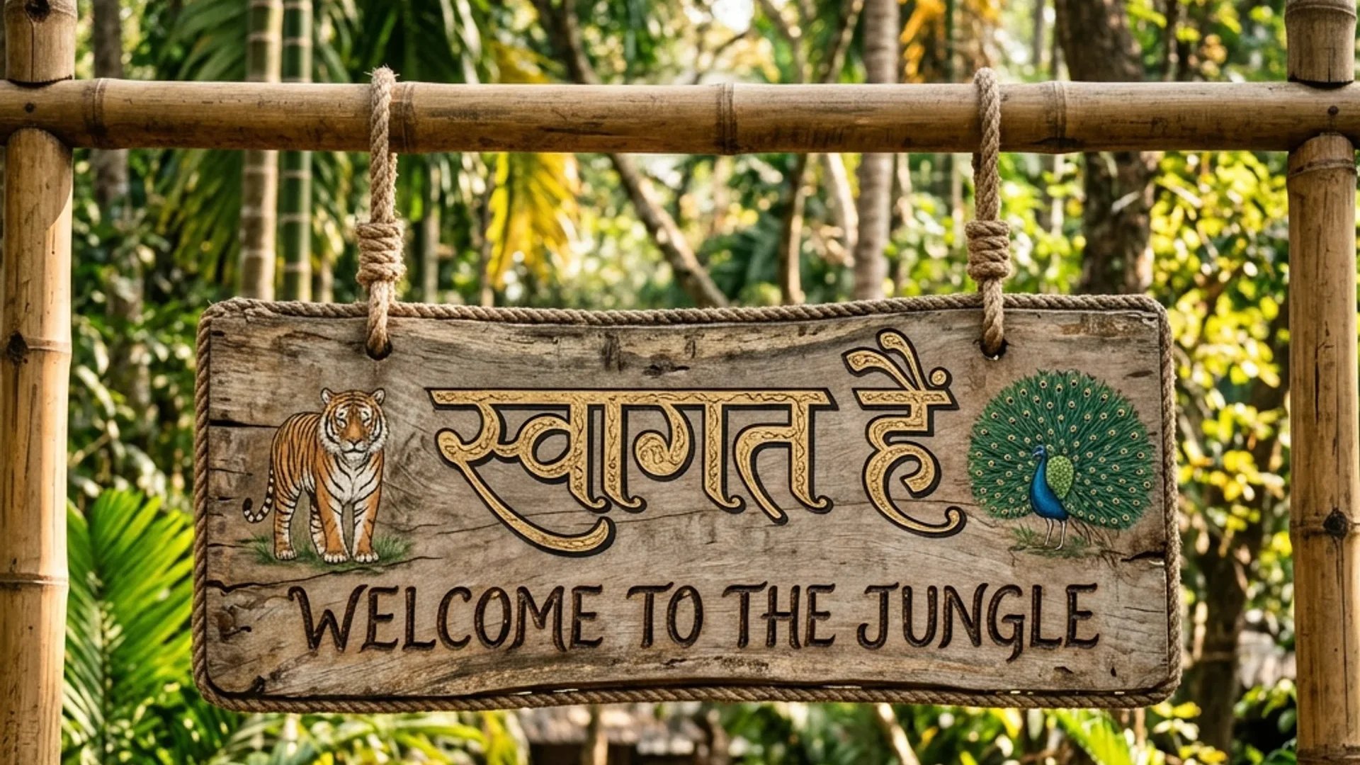 A wooden sign hanging between bamboo posts in a jungle reads स्वागत है above Welcome to the Jungle, with a tiger and a peacock painted at the ends.
